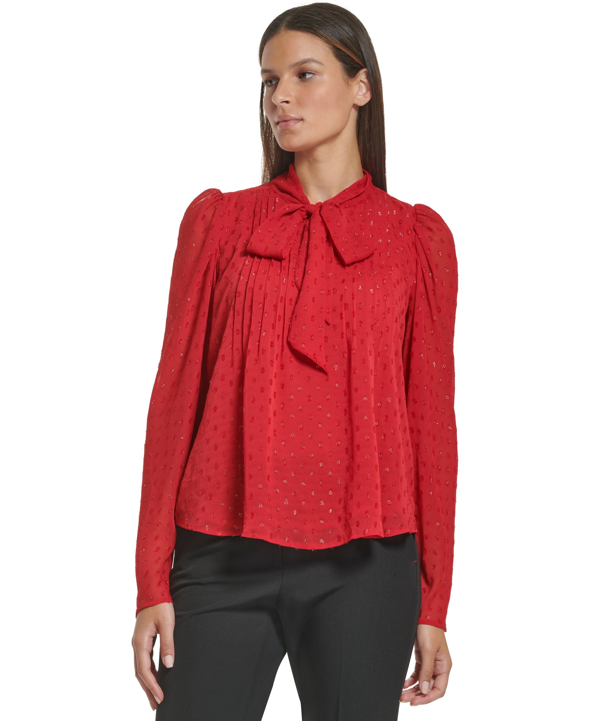 Tommy Hilfiger Womens Clip Dot Pleated Tie Neck Premium Top
