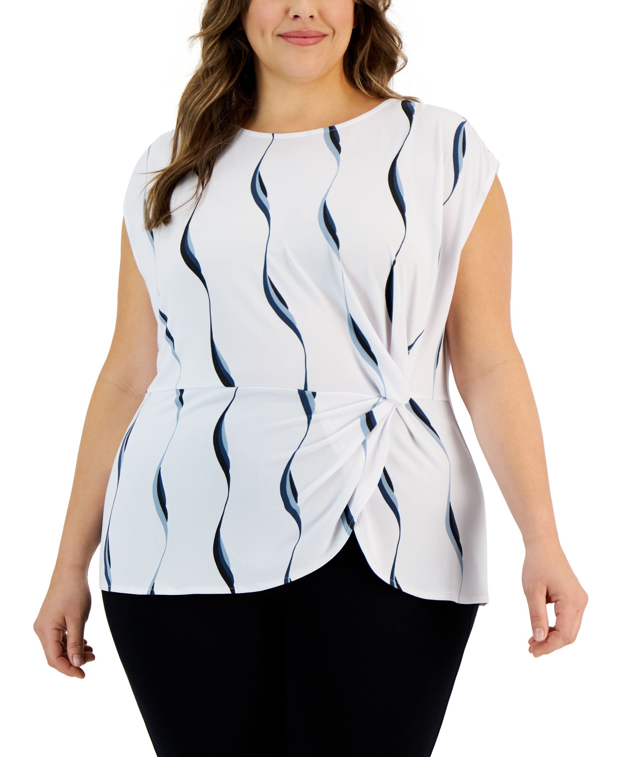 Alfani Plus Size Printed Side Knot Cap Sleeve Premium Top