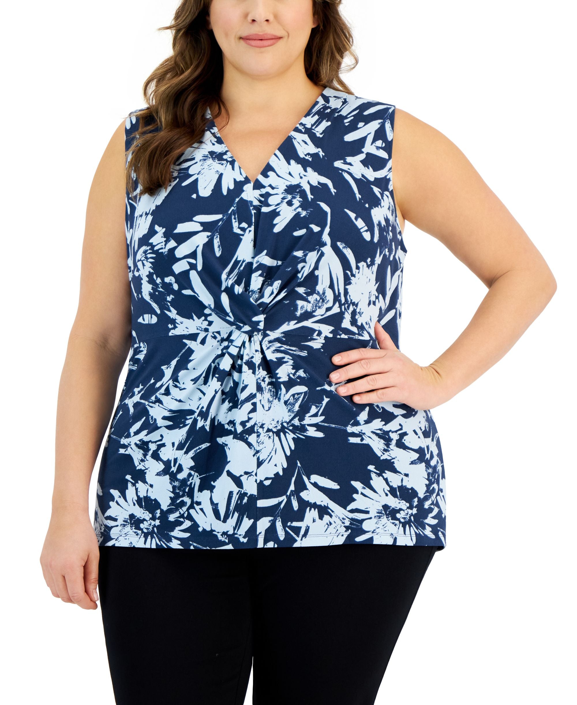 Alfani Plus Size Printed Twist Front Sleeveless Premium Top
