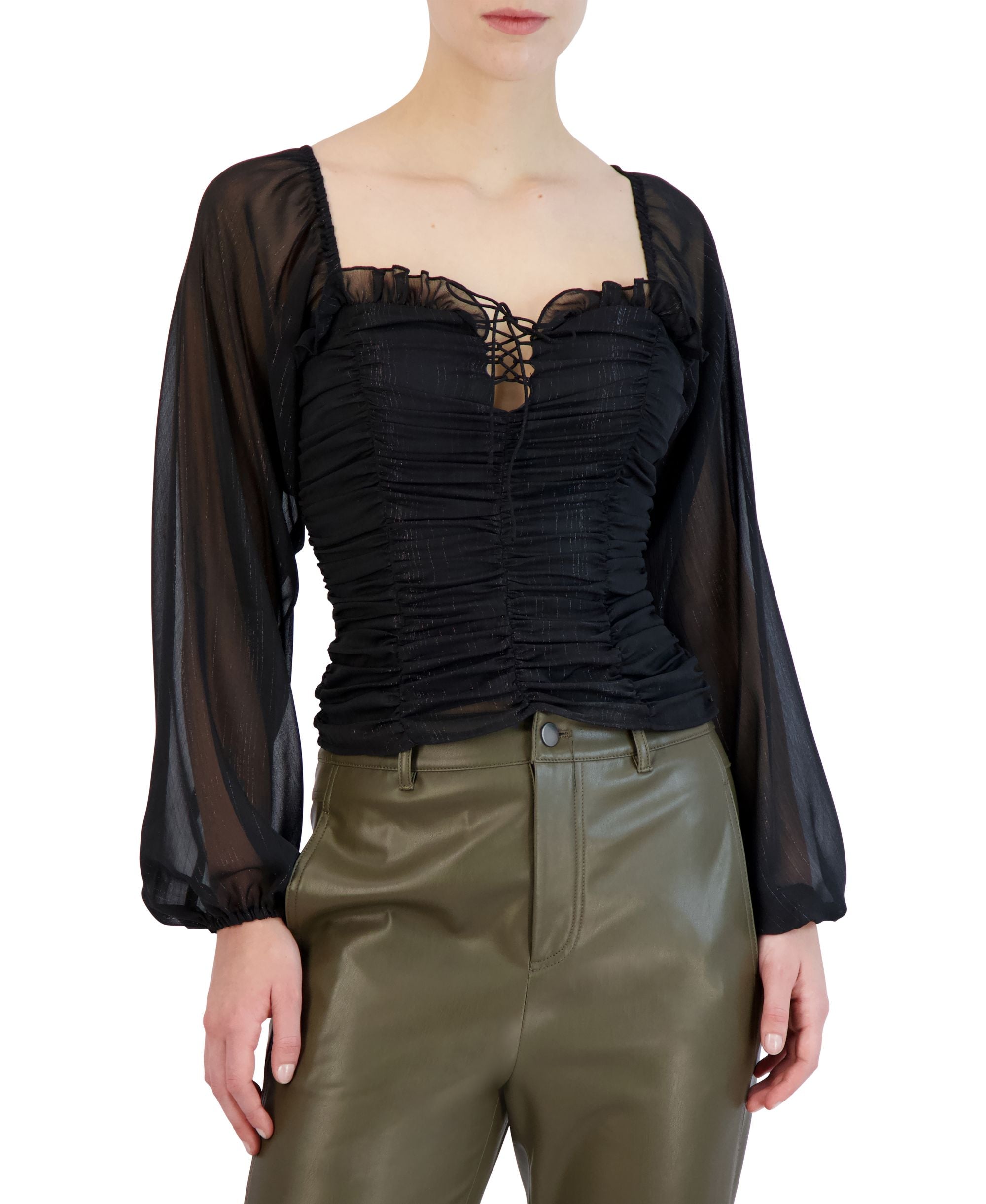 Women's Shirred Sheer-Sleeve Premium Top