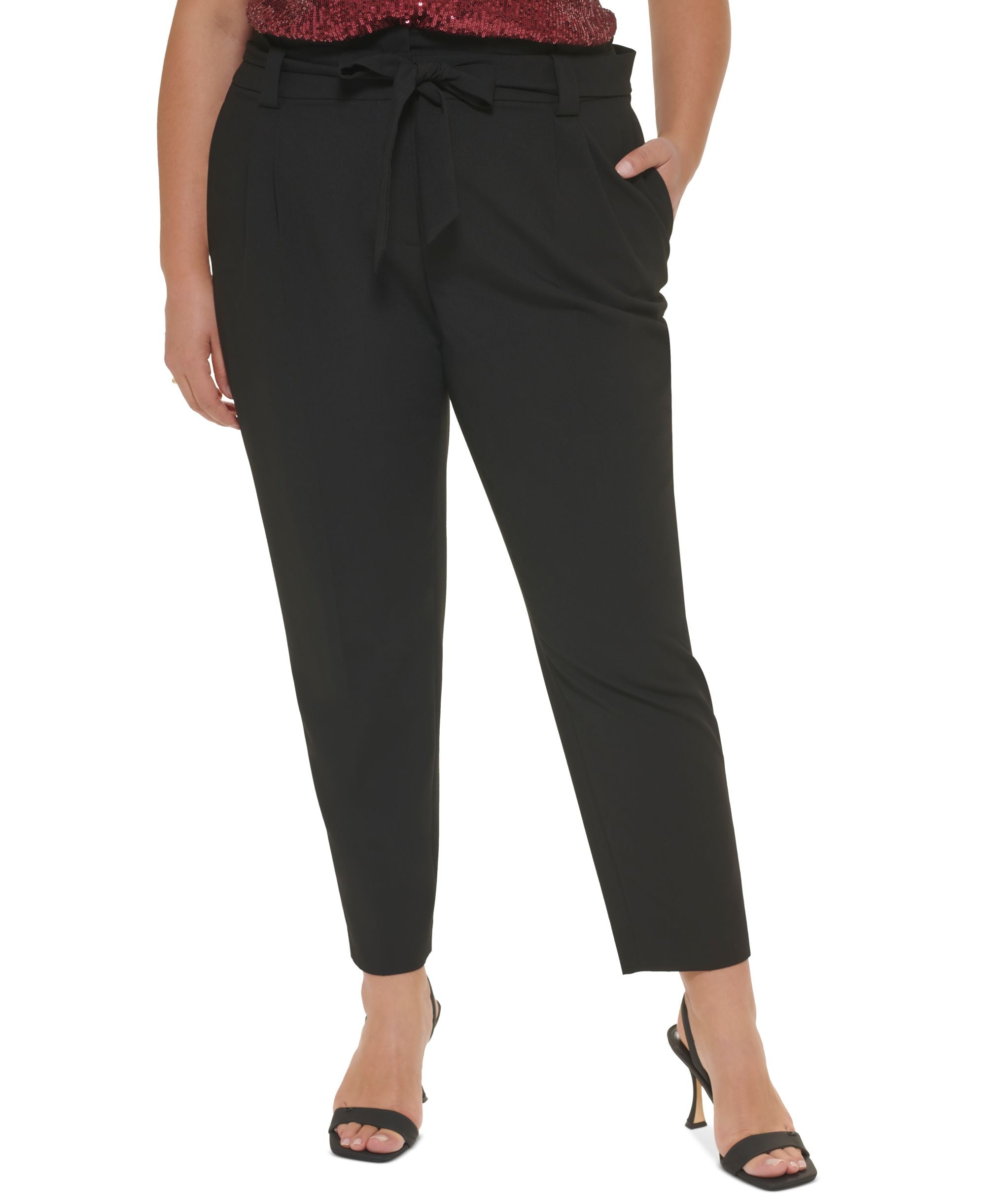Calvin Klein Plus Size Lux Pleat Front TaperedTie-Waist Ankle Signature Pants