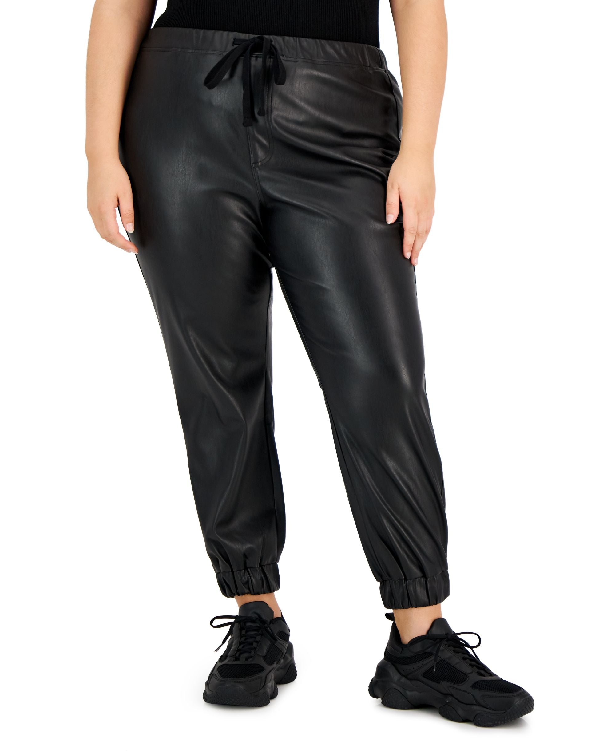 Tinseltown Modern Plus Size Drawstring Faux-Leather Finish Joggers