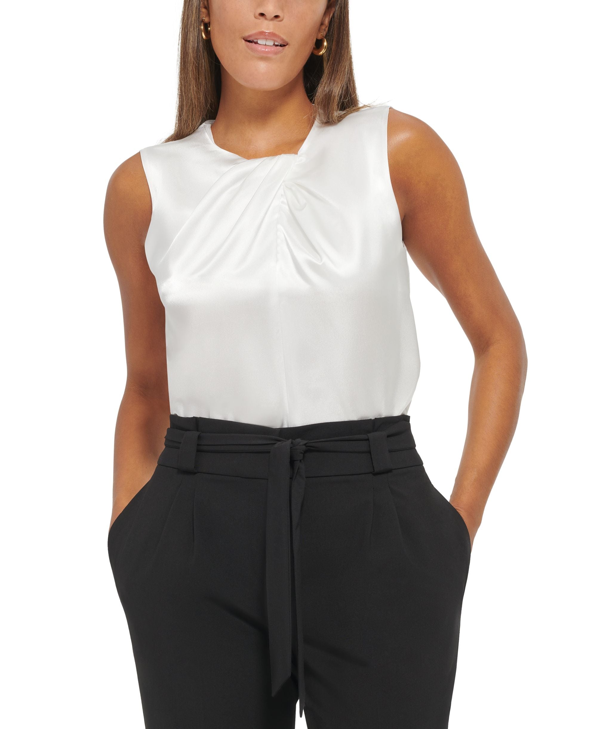 Calvin Klein Petite Sleeveless Pleat Neck Premium Top