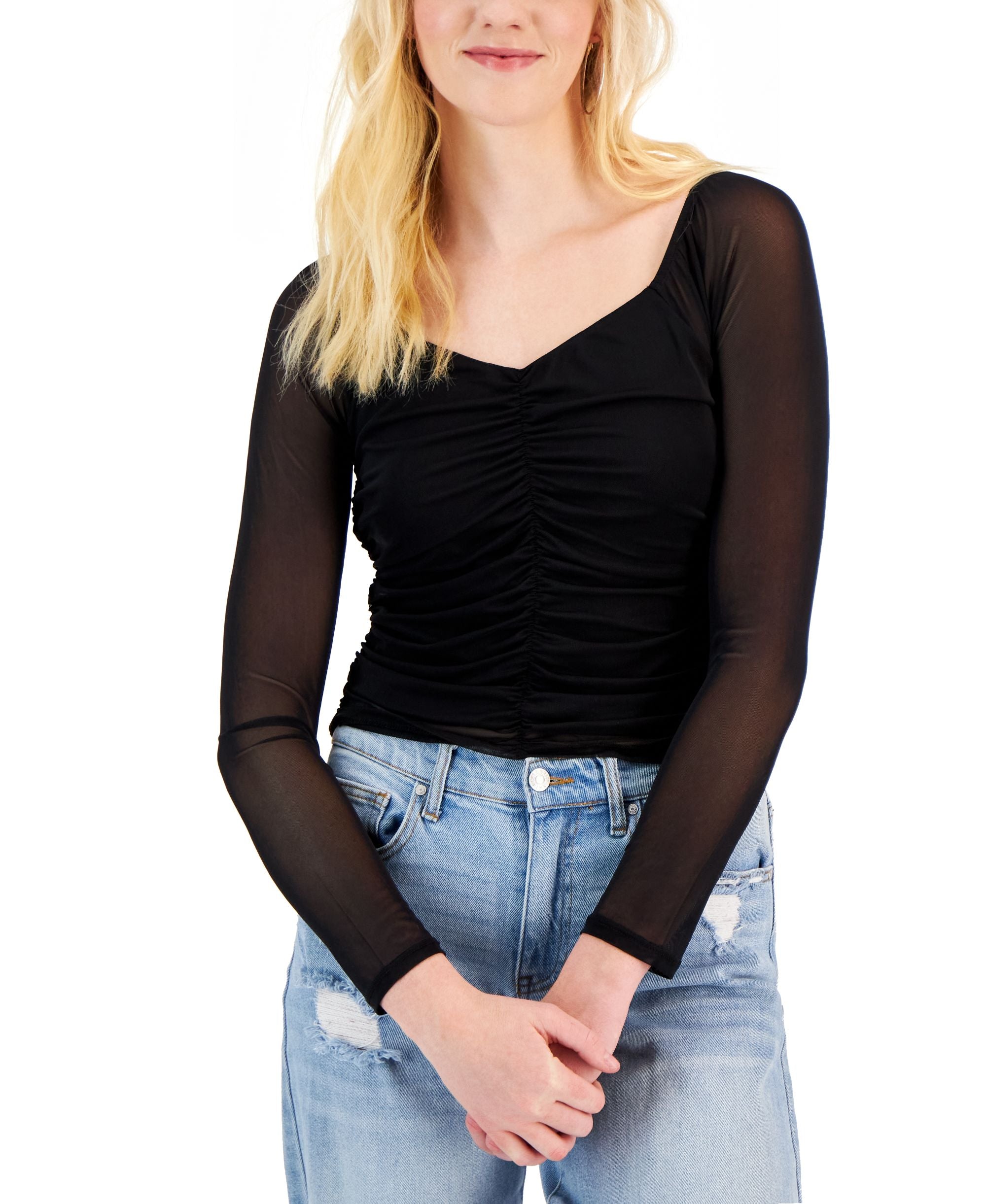 Juniors' Ruched-Front Mesh-Sleeve Premium Top