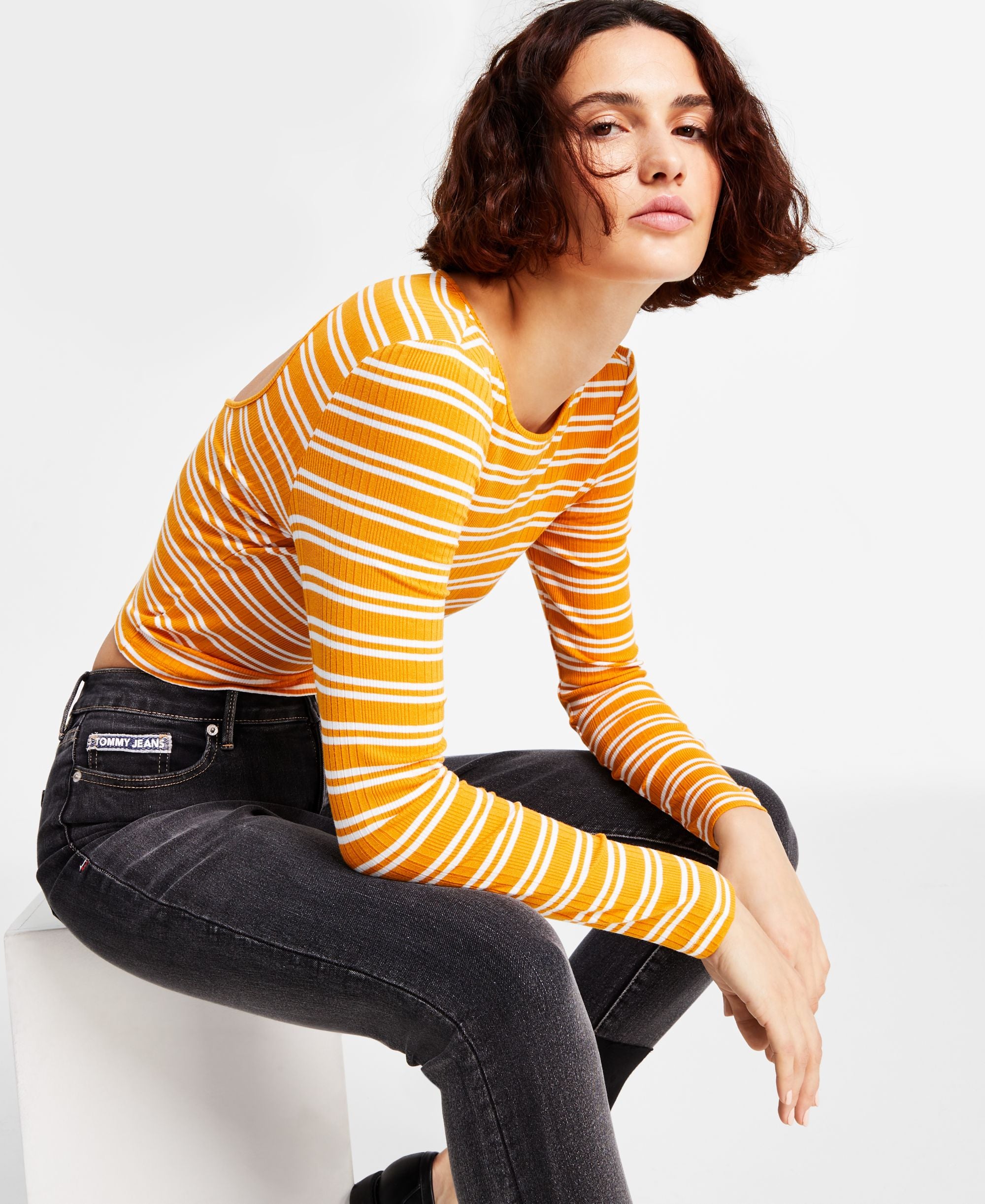 Tommy Premium Jeans Womens Back Cutout Striped Ribbed Premium Top