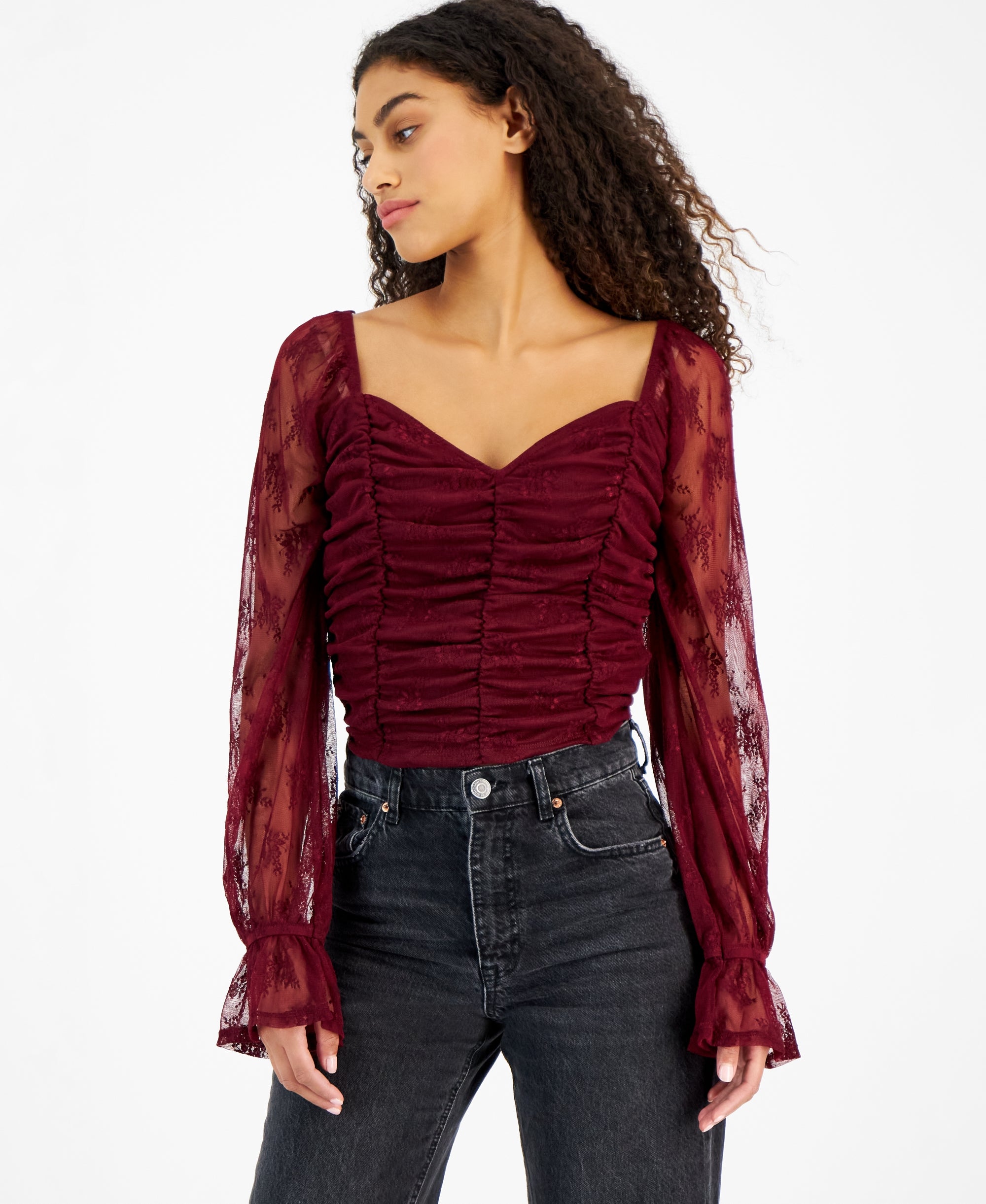 Juniors' Ruched Lace Sweetheart-Neck Premium Top