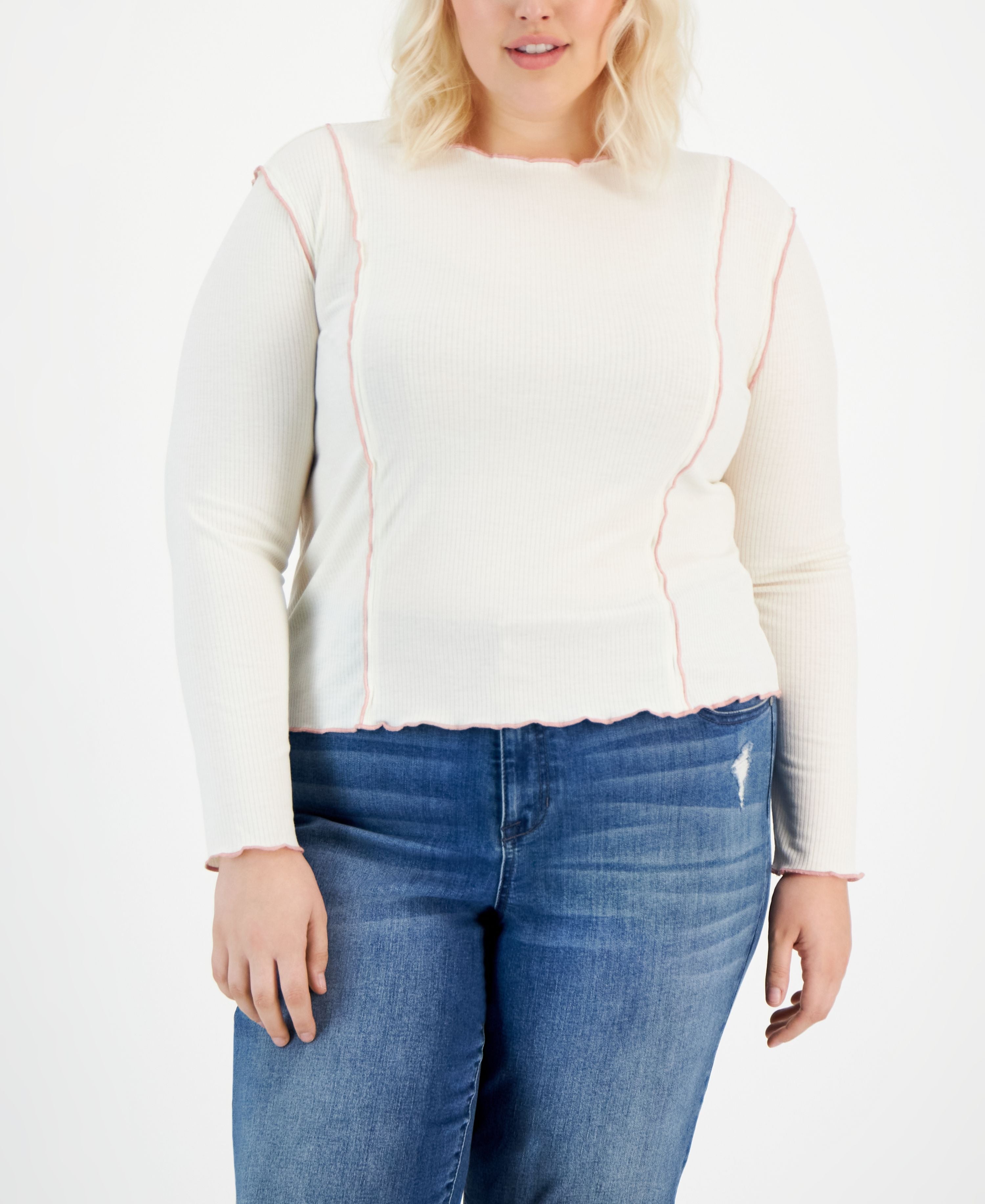 Plus Size Contrast-Stitch Long-Sleeve Knit Premium Top