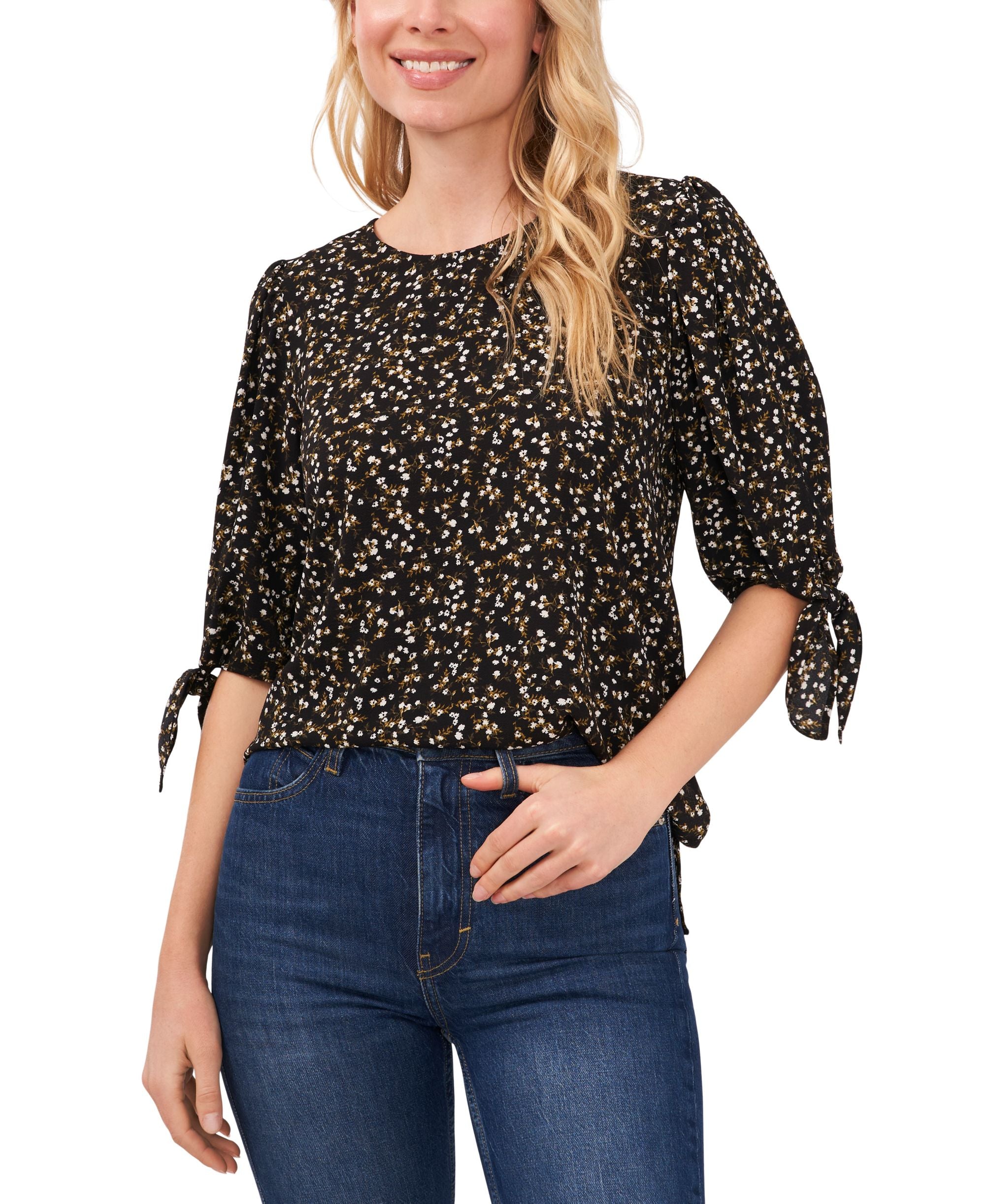 Women's Floral-Print Elbow Tie-Sleeve Crewneck Signature Blouse