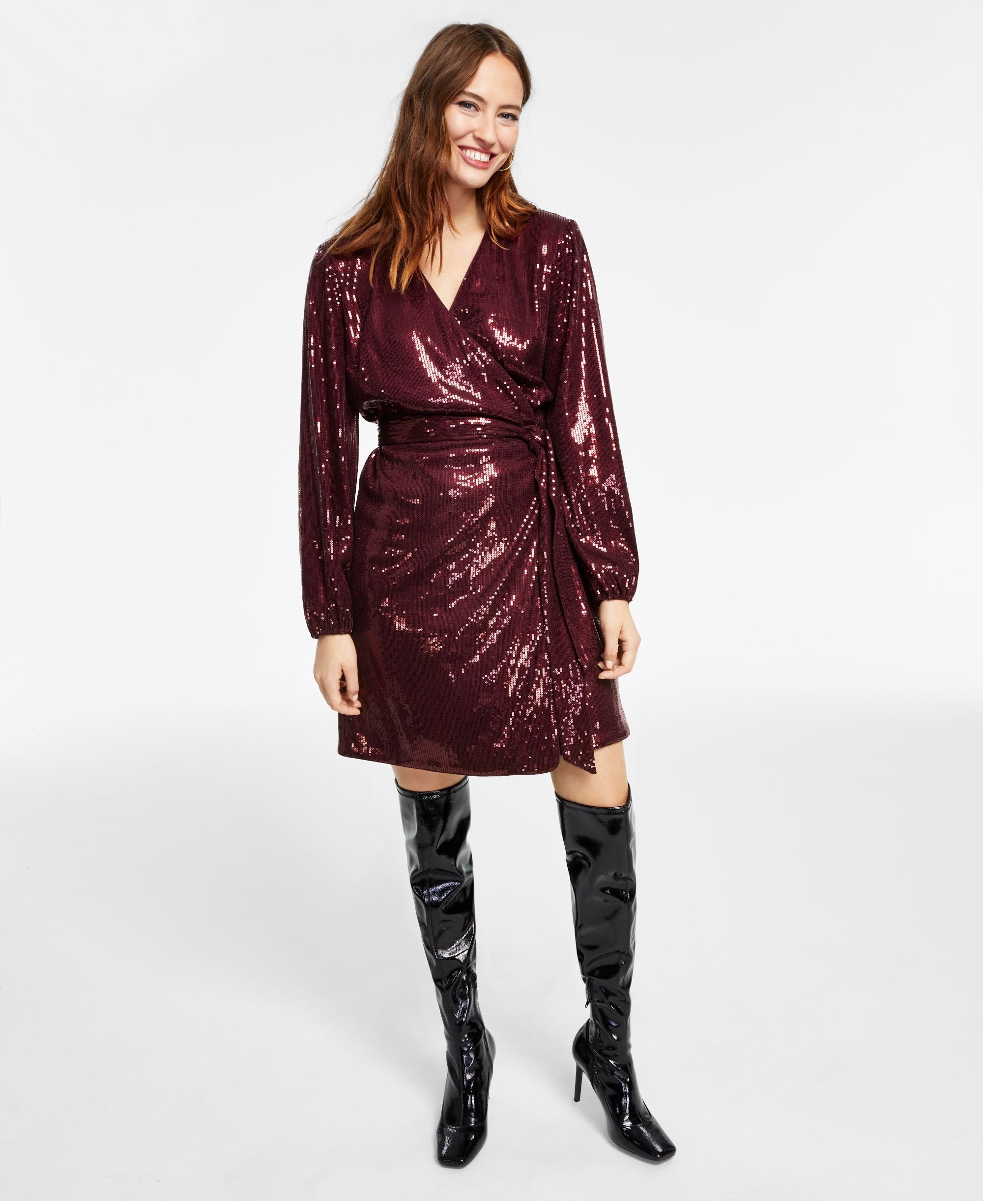 International Concepts Womens Sequin Mini Wrap Dress