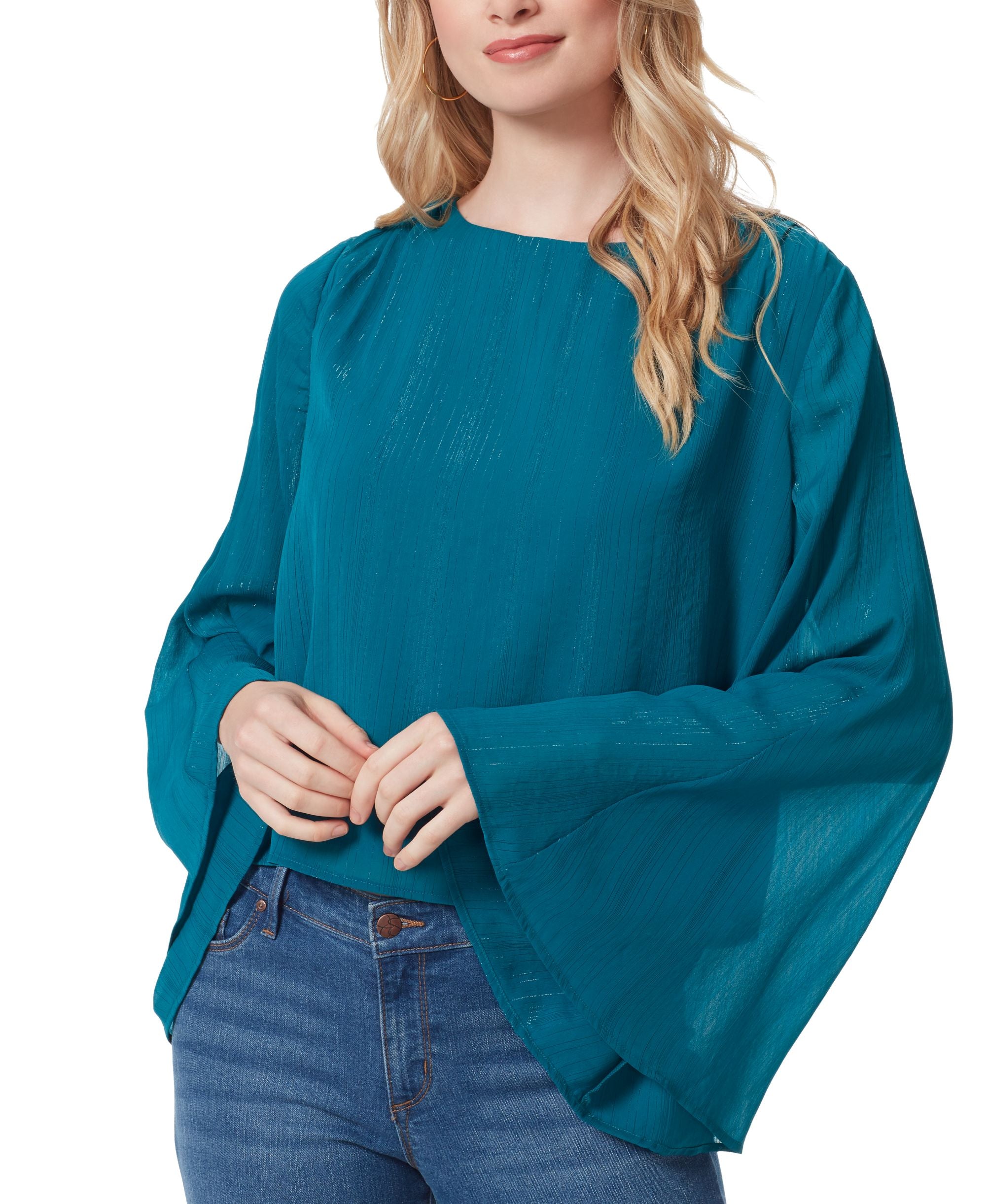 Jessica Simpson Womens Monique Ruched Trumpet-Sleeve Premium Top