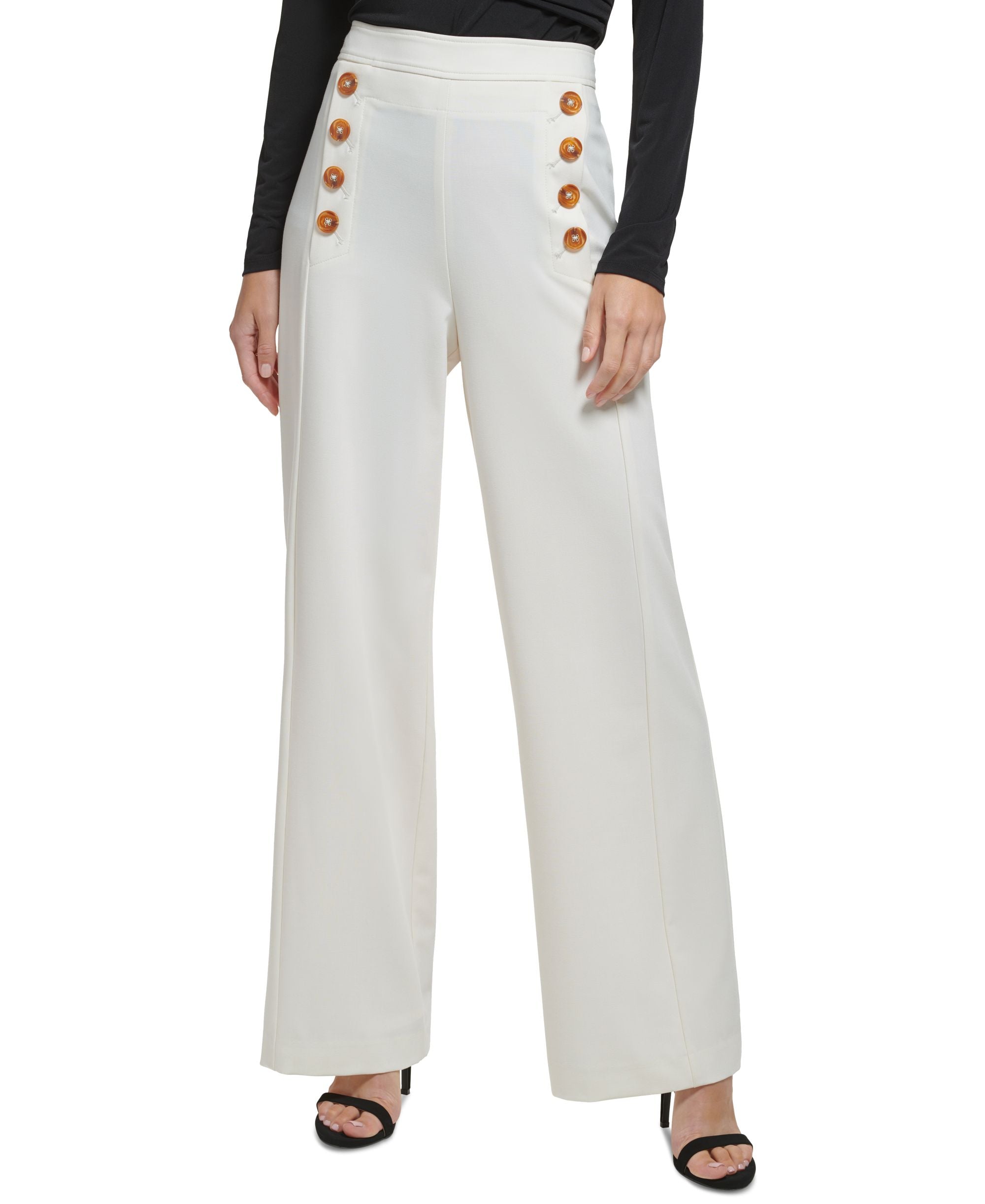 DKNY Womens Button-Trim Wide-Leg Sailor Signature Pants