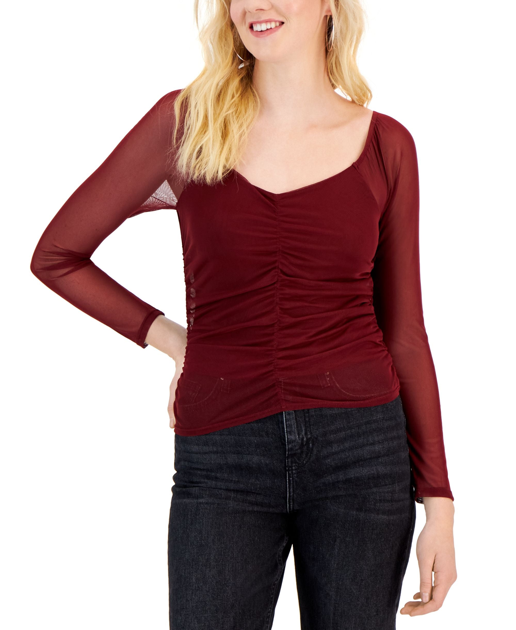 Juniors' Ruched-Front Mesh-Sleeve Premium Top