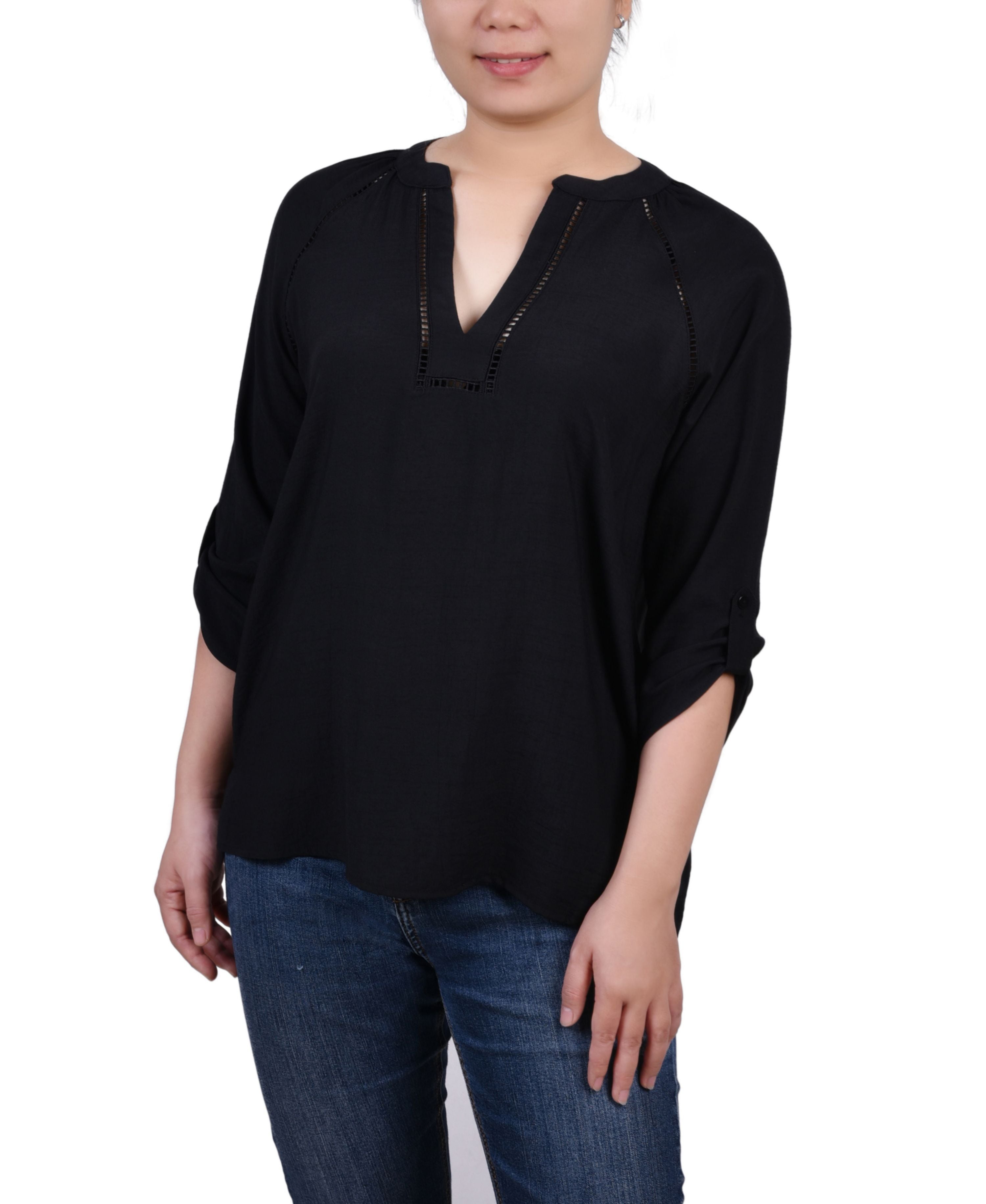 Women's Raglan Sleeve Split Neck Signature Blouse Premium Top