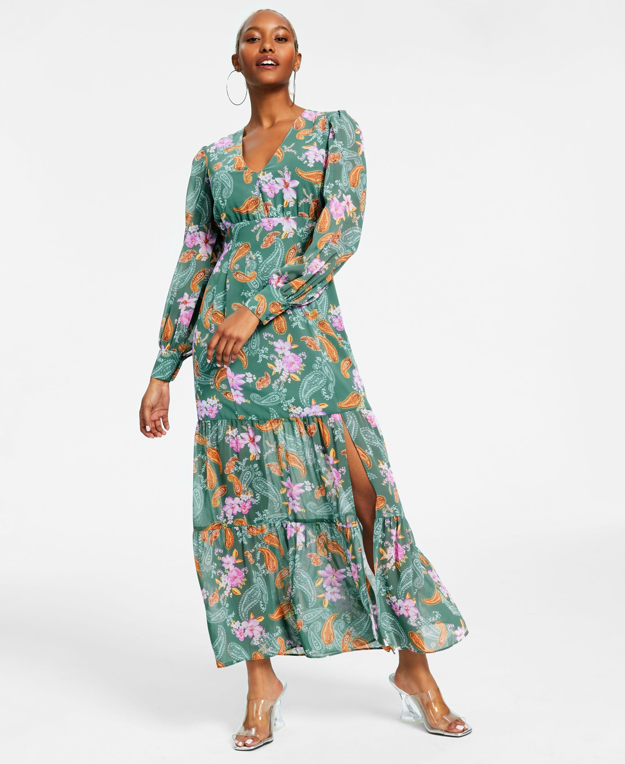 Bar III Petite Floral Chiffon Long-Sleeve Maxi Dress