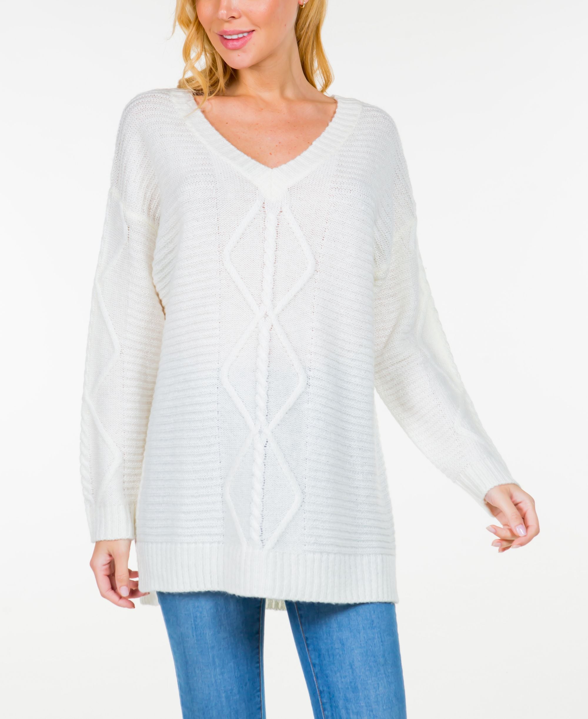 Fever Womens Rib Cable Knit Long-Sleeve V Neck Sweater