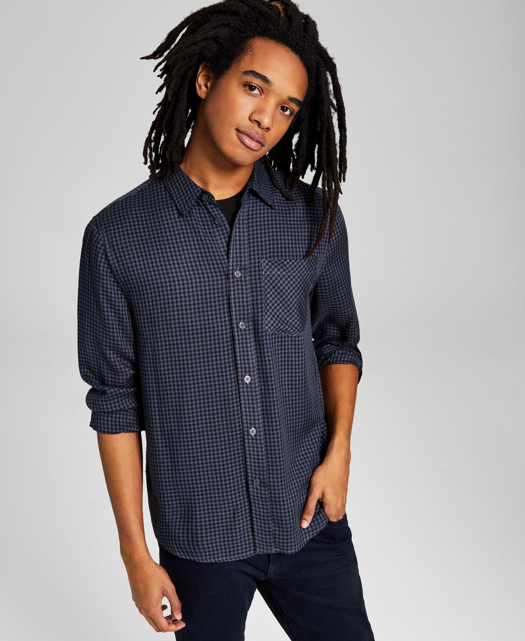 Men's Mini Check Long-Sleeve Button-Up Modern Shirt