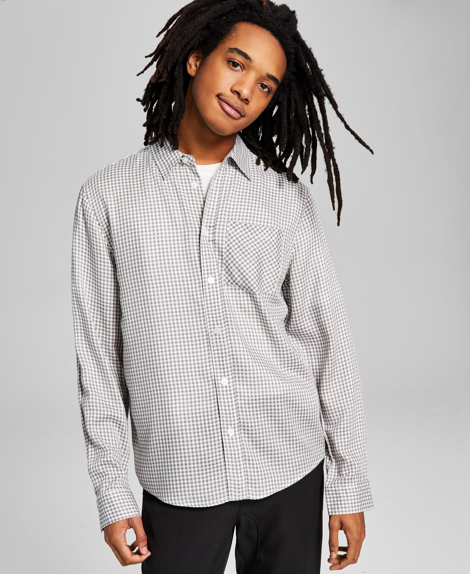 Men's Mini Check Long-Sleeve Button-Up Modern Shirt