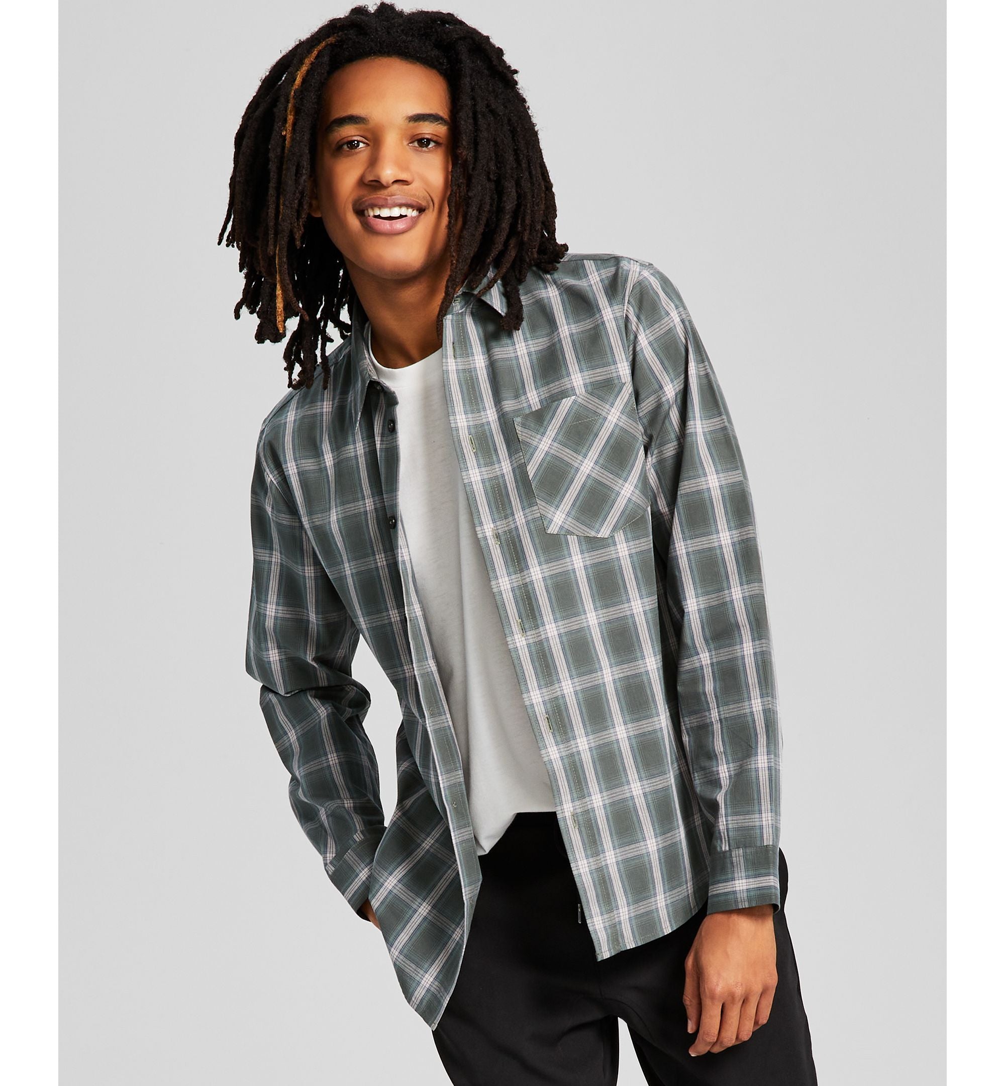 Men's Woven Plaid Long-Sleeve Button-Up Modern Shirt