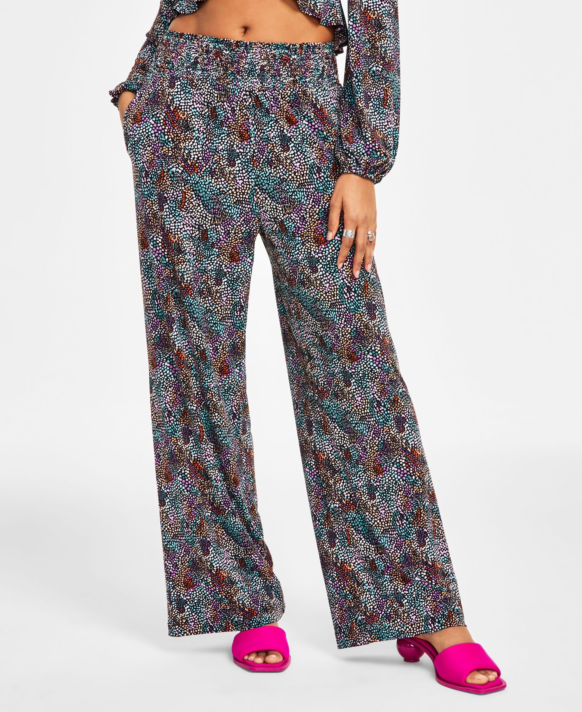 Petite Printed High-Rise Wide-Leg Pull-On Signature Pants