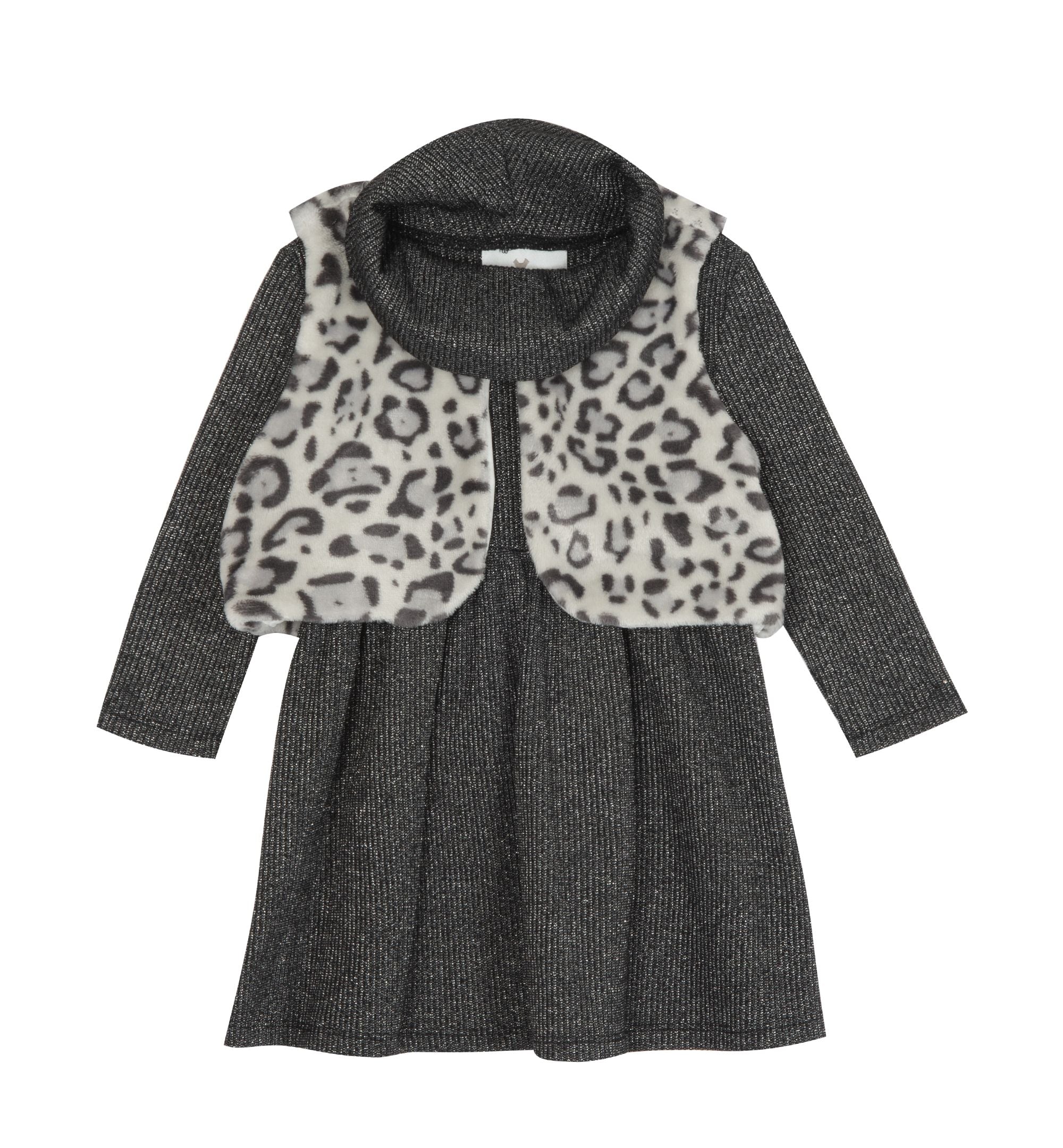 Rare Editions Little Girls Cowl Neck Dress Animal Print Fur Vest