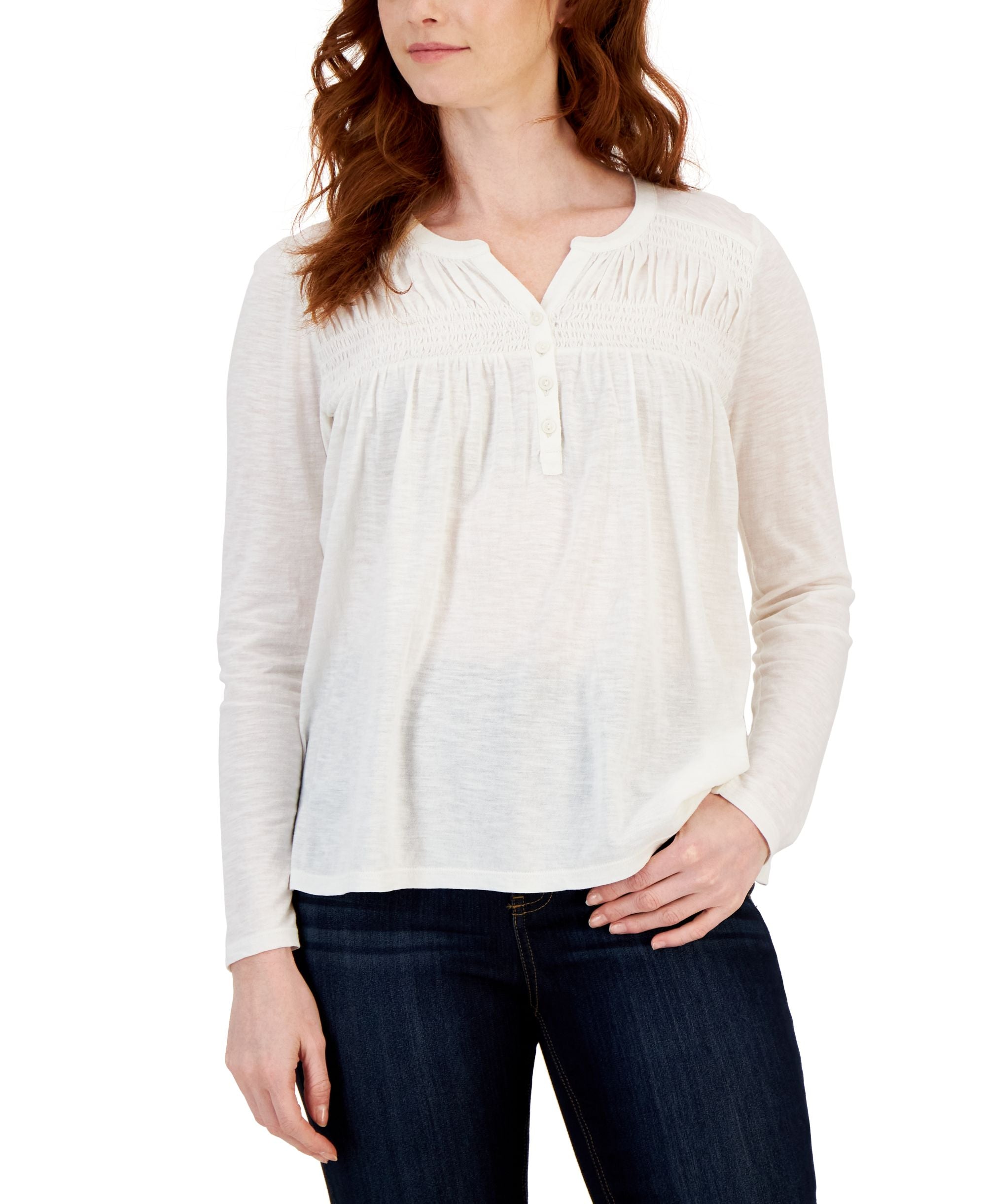 Petite Knit Smocked Long-Sleeve Premium Top