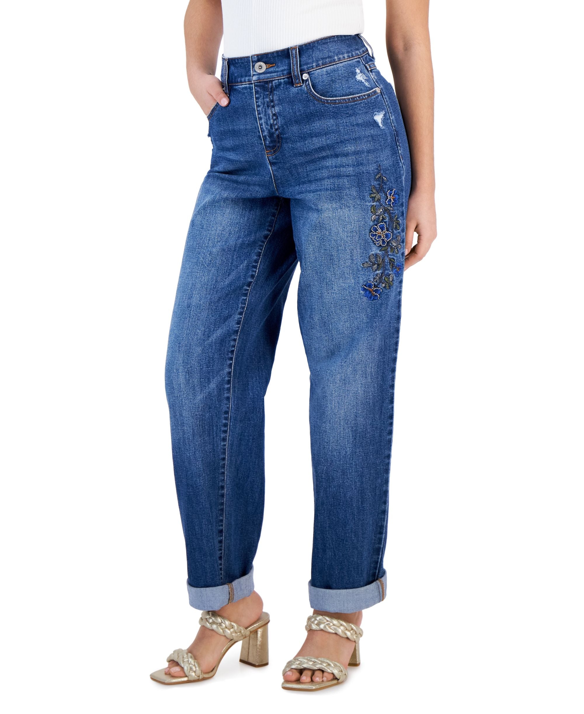 Petite Mid-Rise Beaded Boyfriend Premium Jeans