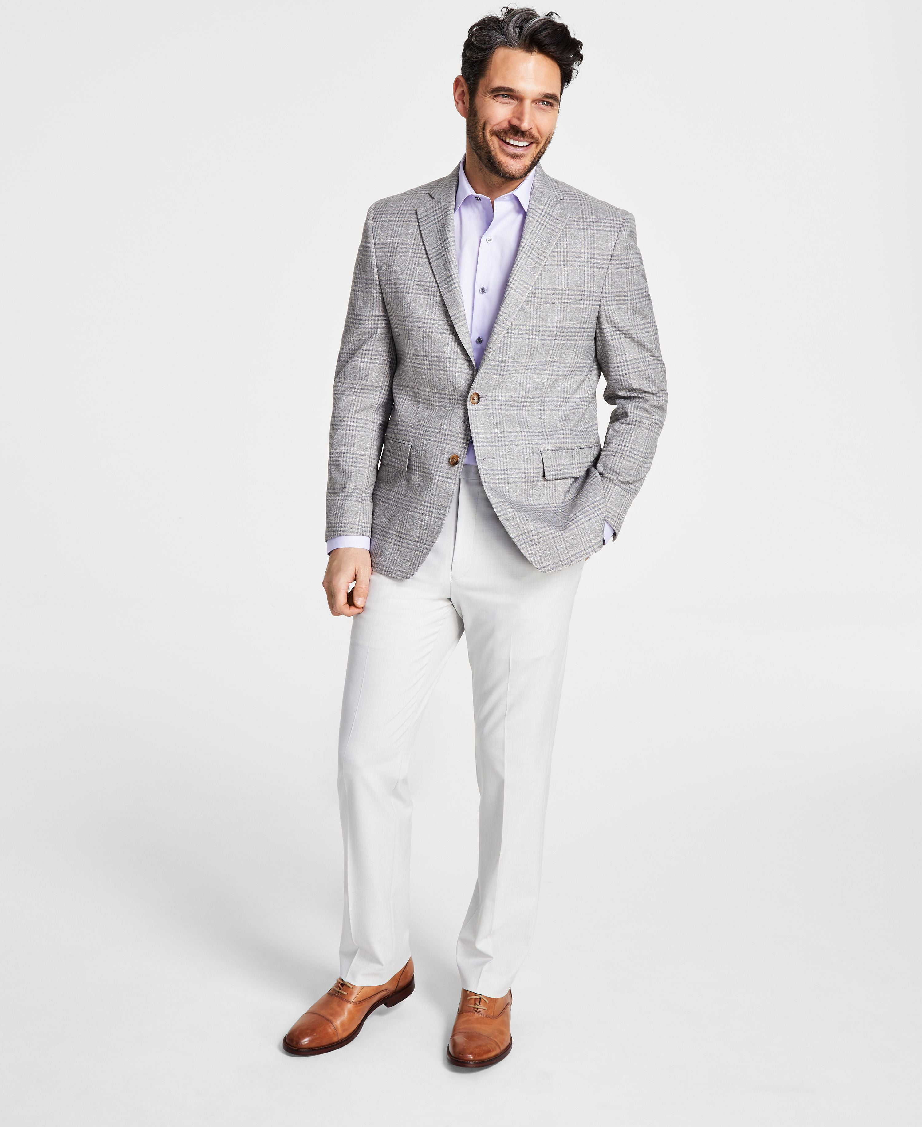 Men's Timeless-Fit UltraFlex Stretch Grey Plaid Sport Coat