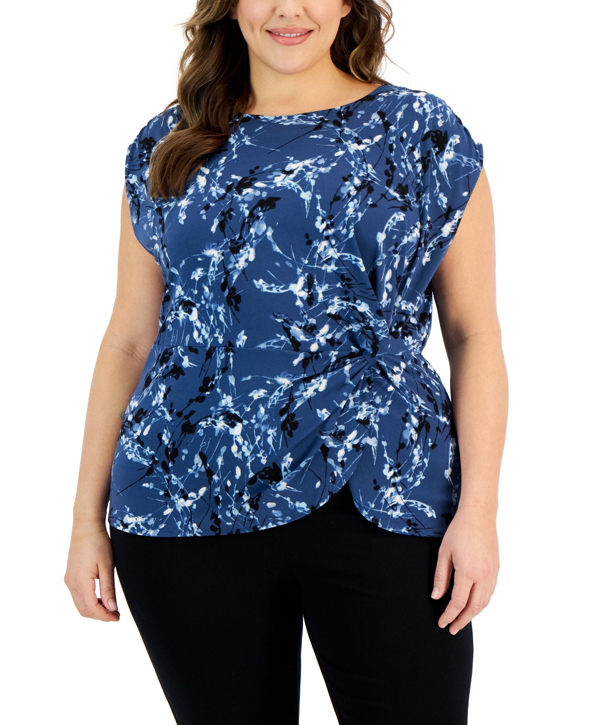 Alfani Plus Size Printed Side Knot Cap Sleeve Premium Top