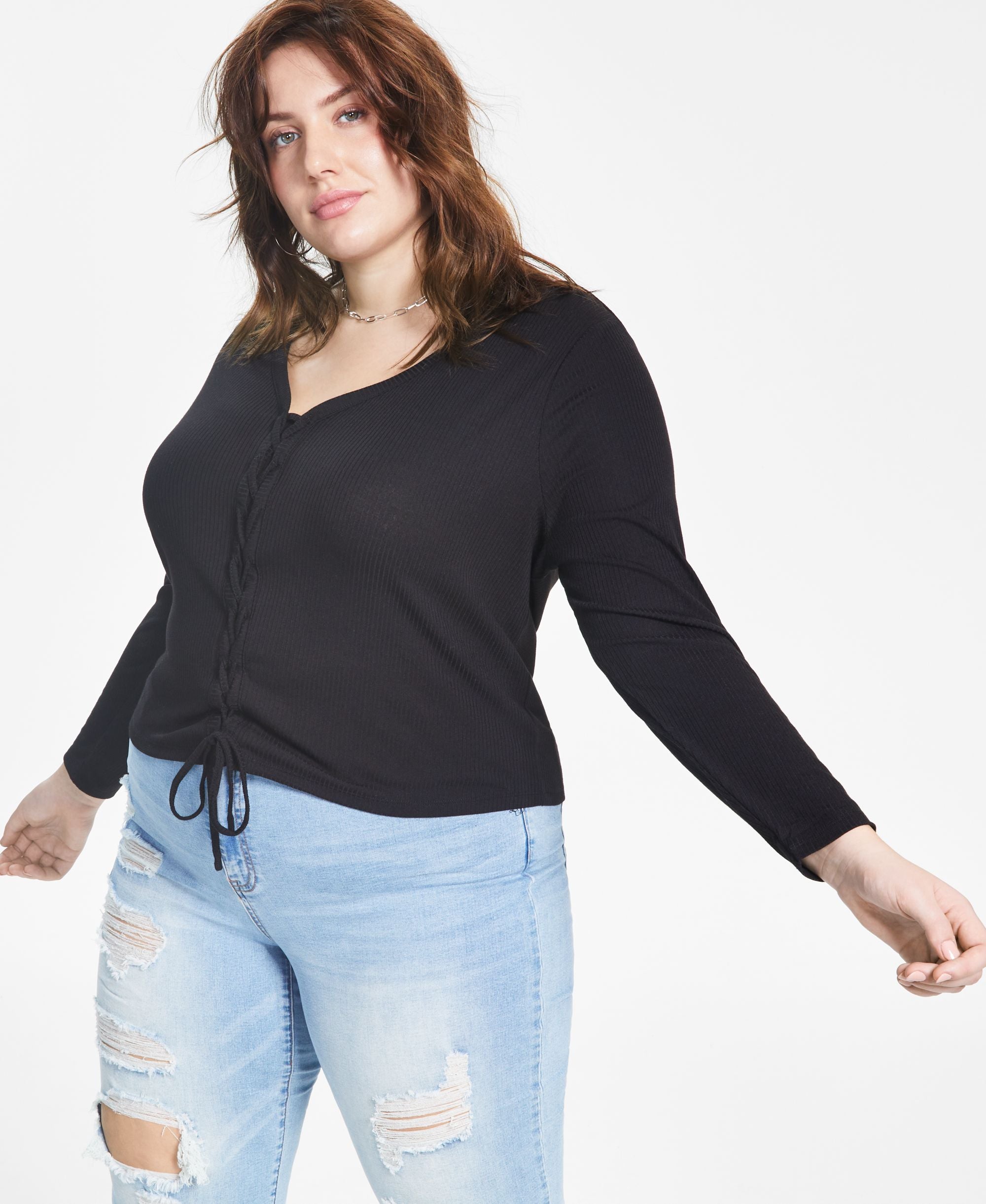 Modern Plus Size Ribbed V-Neck Lace-Up Premium Top
