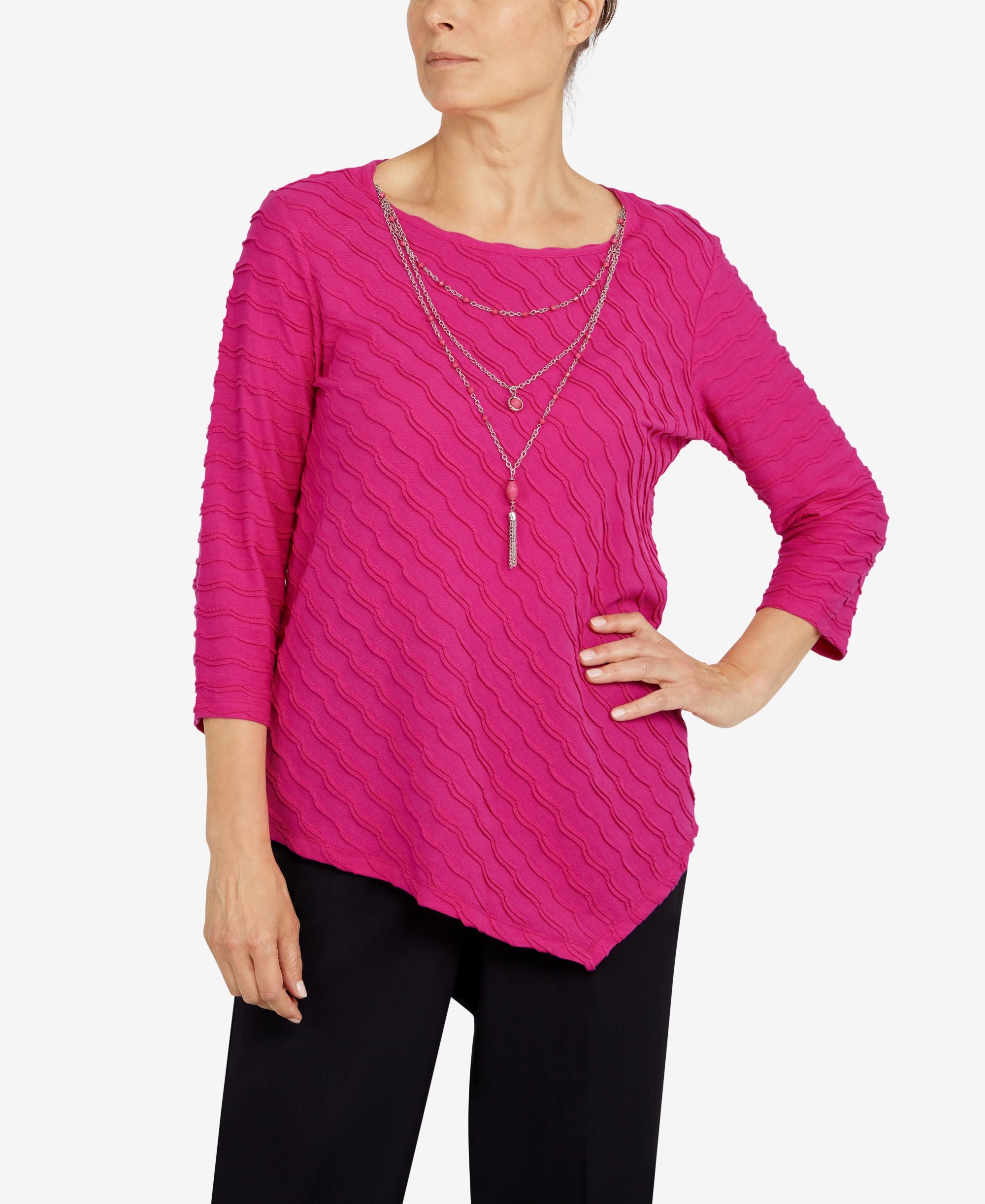 Alfred Dunner Petite Theater District Solid Texture Asymmetrical Hem Premium Top With Removable Necklace