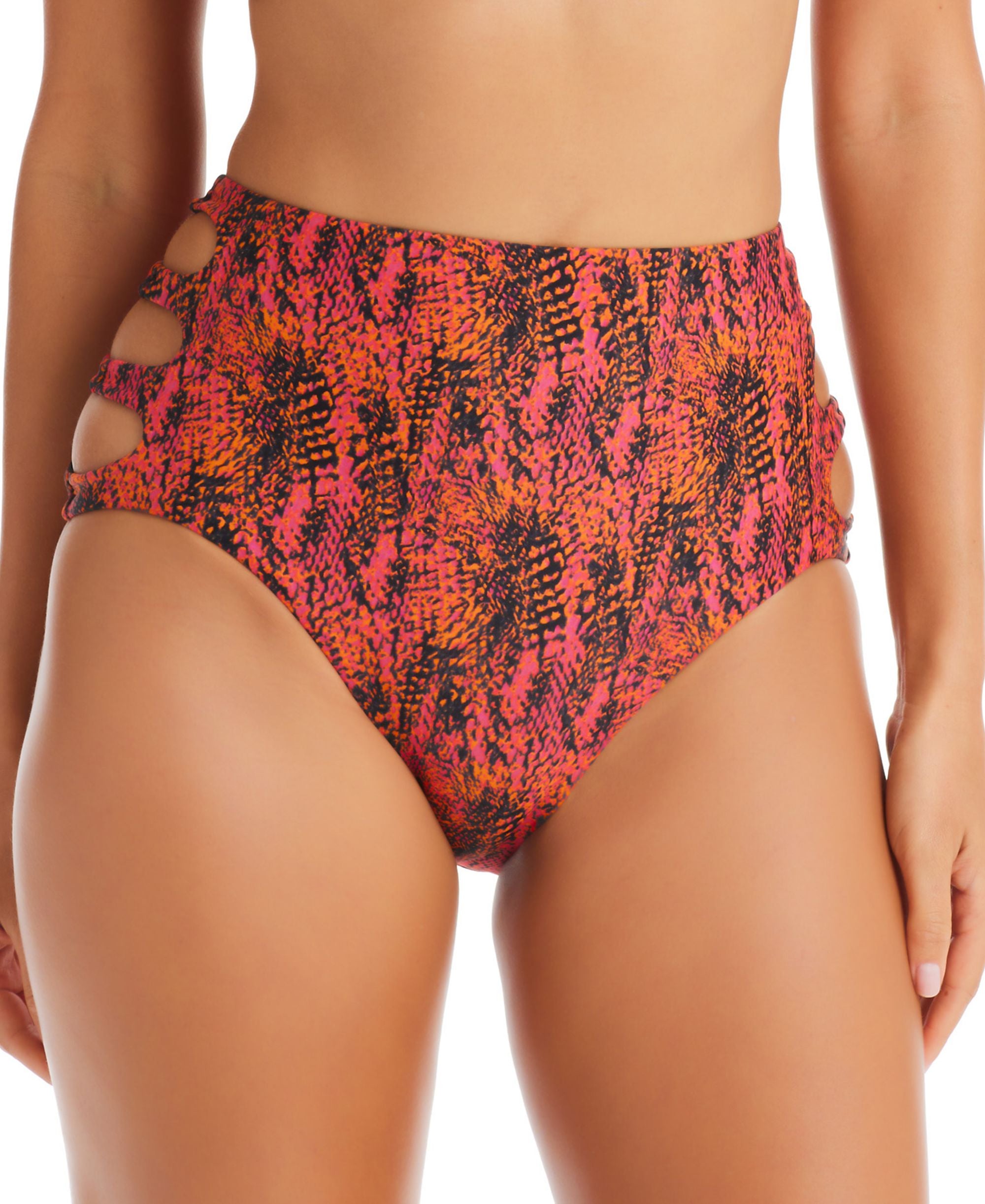 Women's Viper Snakeskin-Print High Rise Cut-Out Swim Bottoms