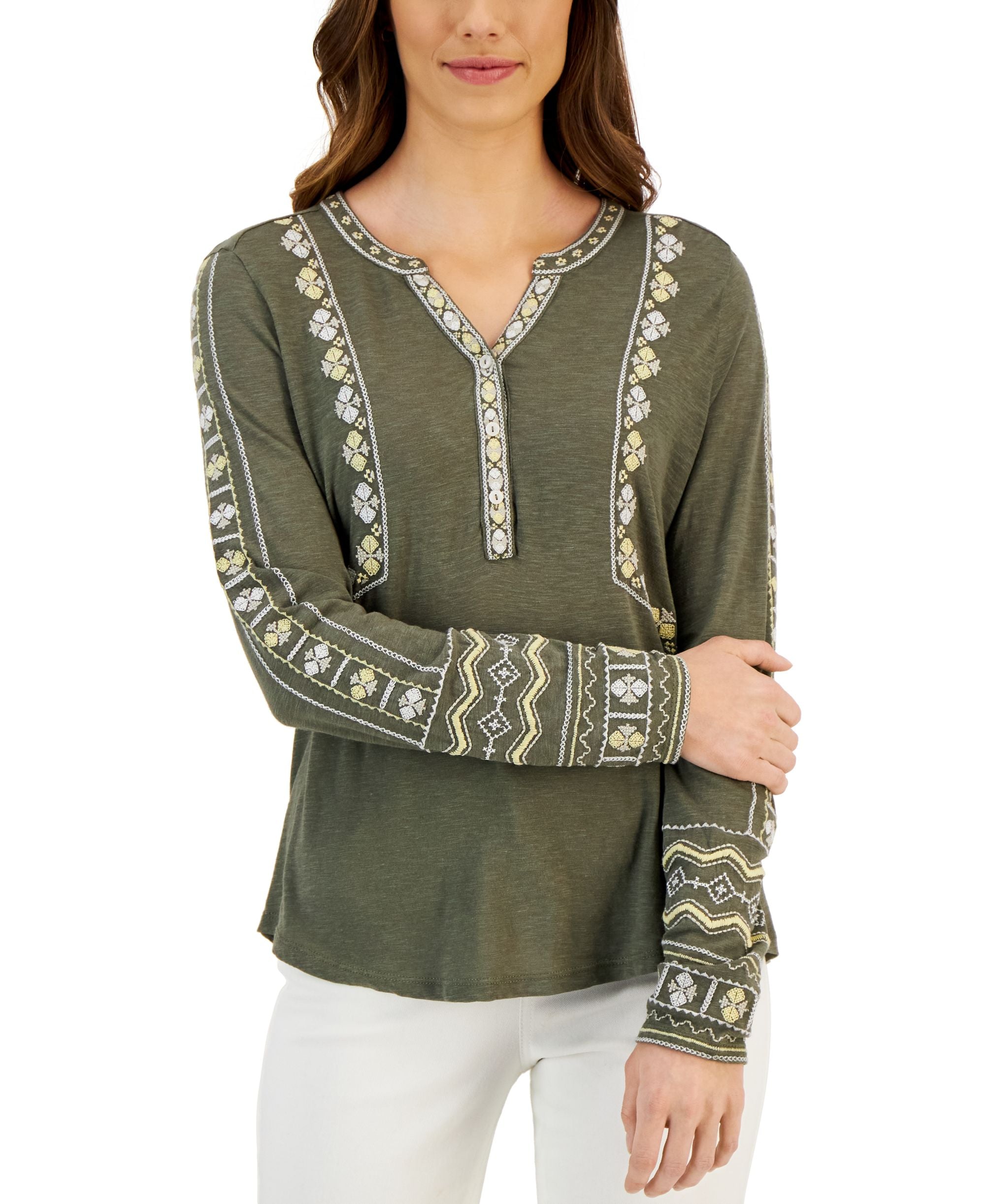 Petite Embroidered Henley-Neck Premium Top