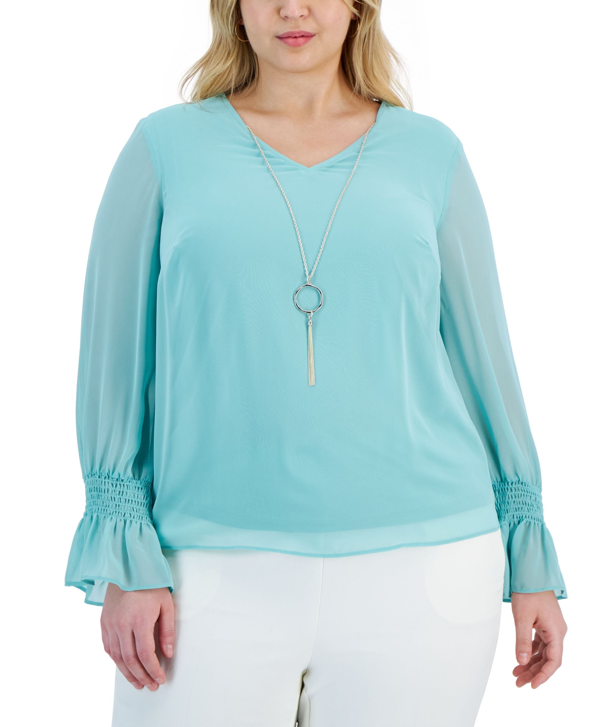 Plus Size Smocked-Sleeve Necklace Premium Top