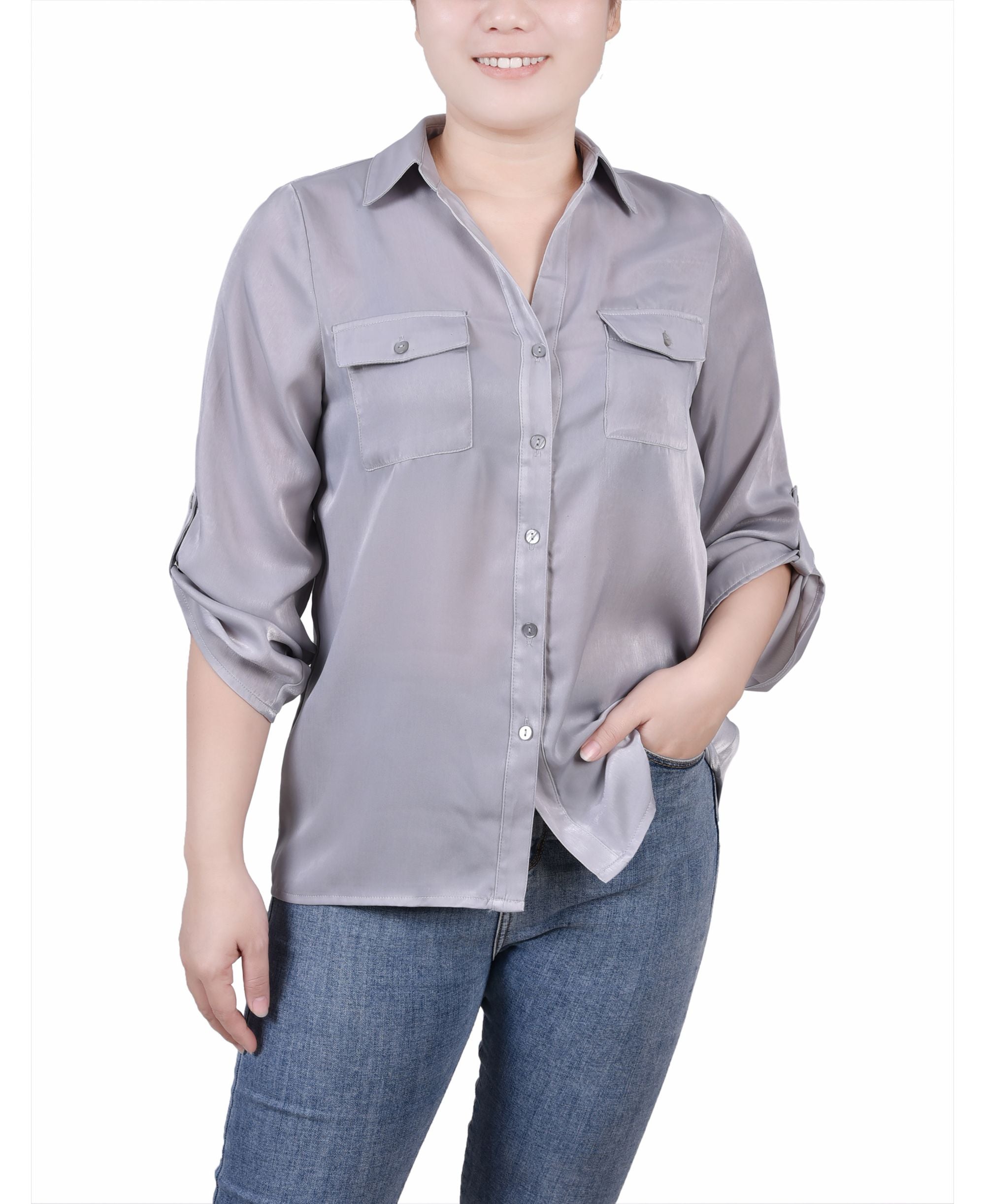 NY Collection Petite 3/4 Sleeve Satin Signature Blouse