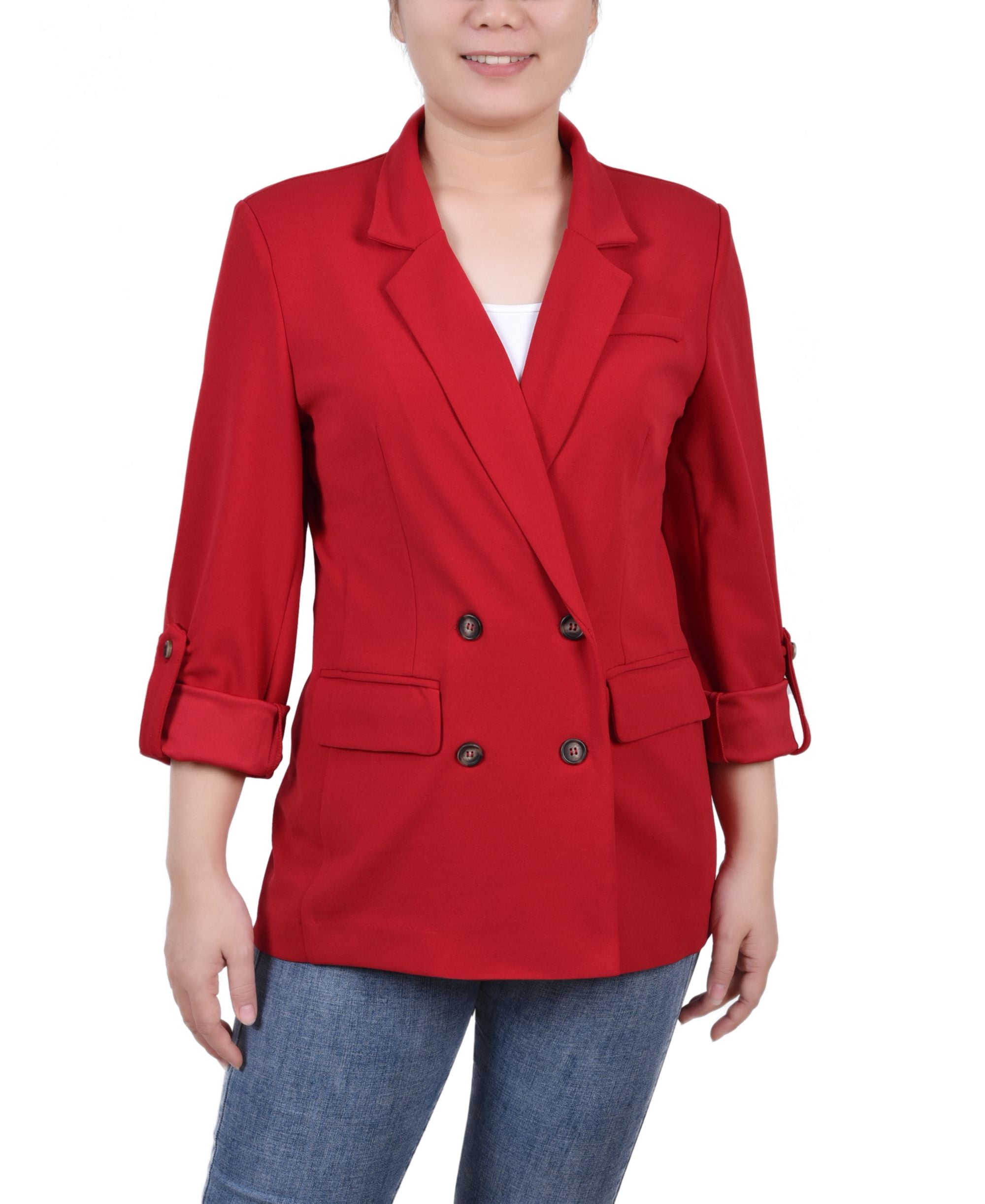 Petite Long-Sleeve Double Breasted Crepe Blazer