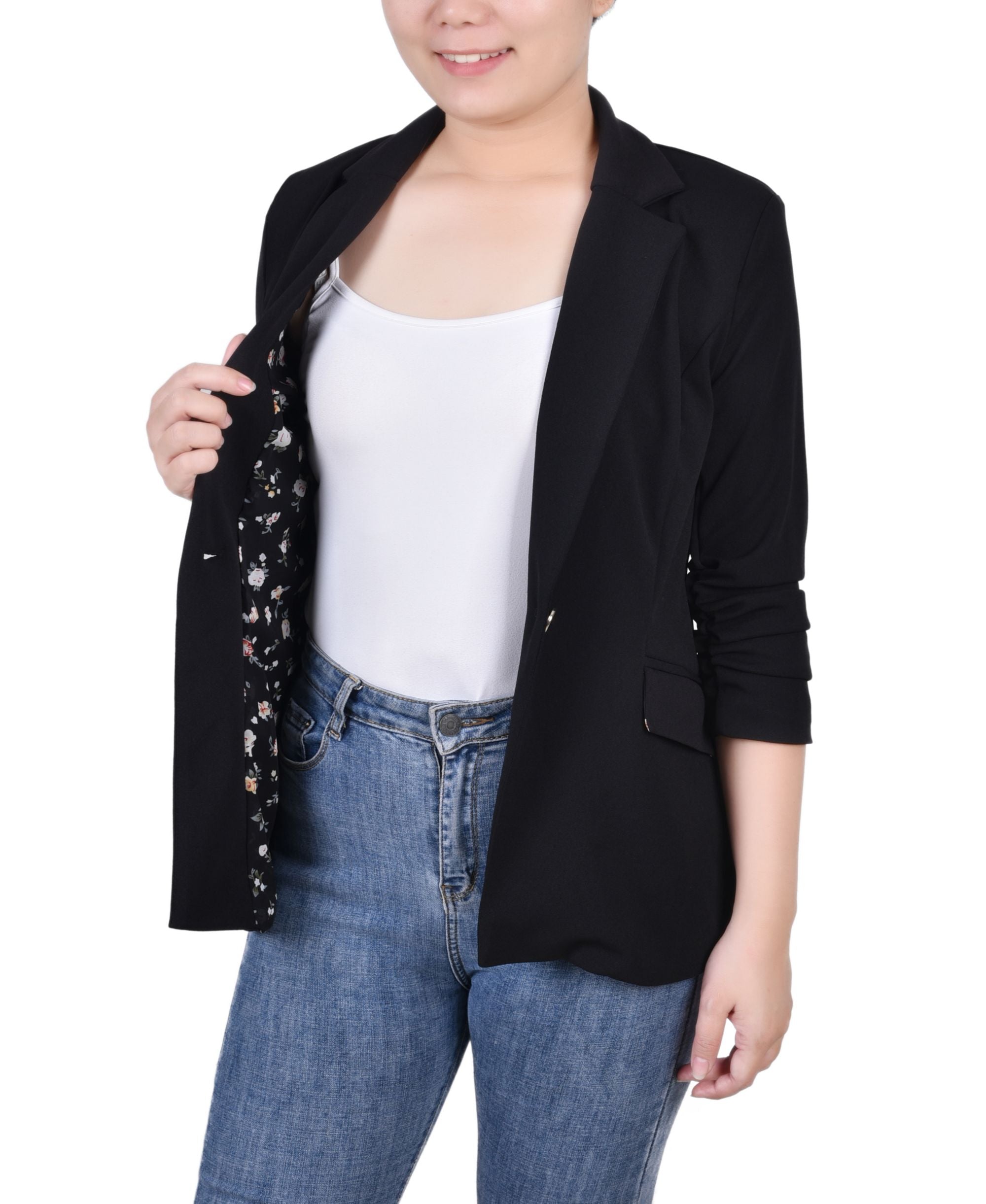 NY Collection Petite 3/4 Rouched Sleeve Crepe Jacket