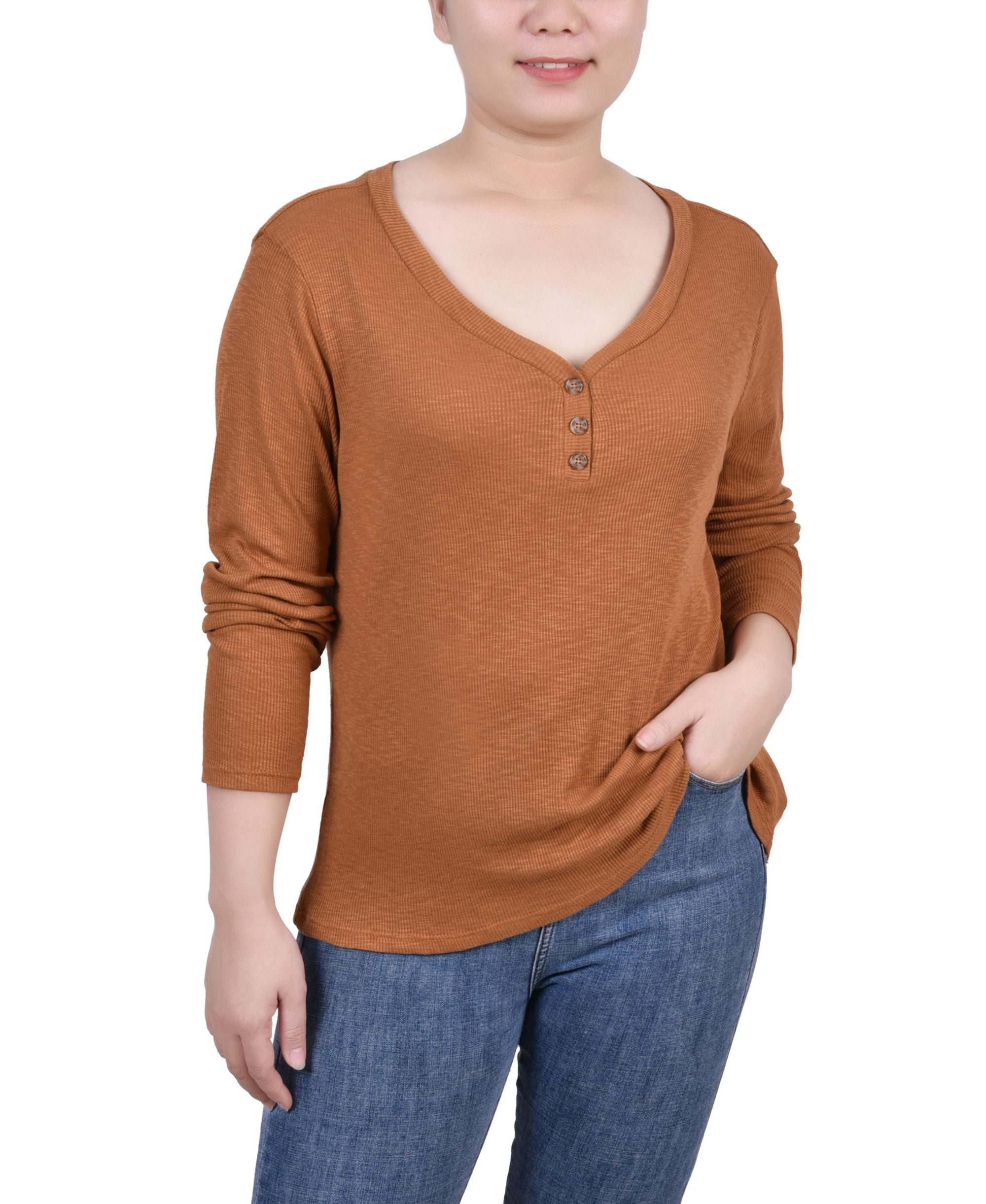 NY Collection Petite Long-Sleeve Ribbed Henley Premium Top
