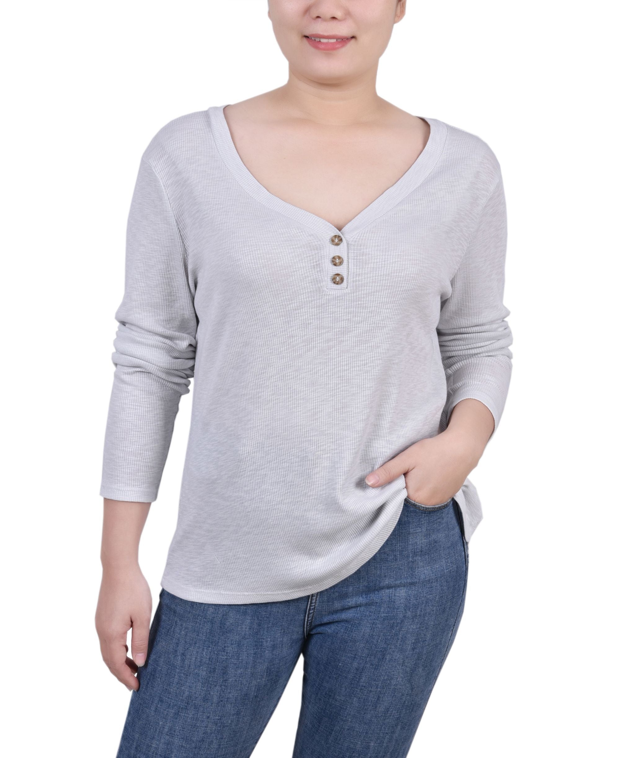 NY Collection Petite Long-Sleeve Ribbed Henley Premium Top