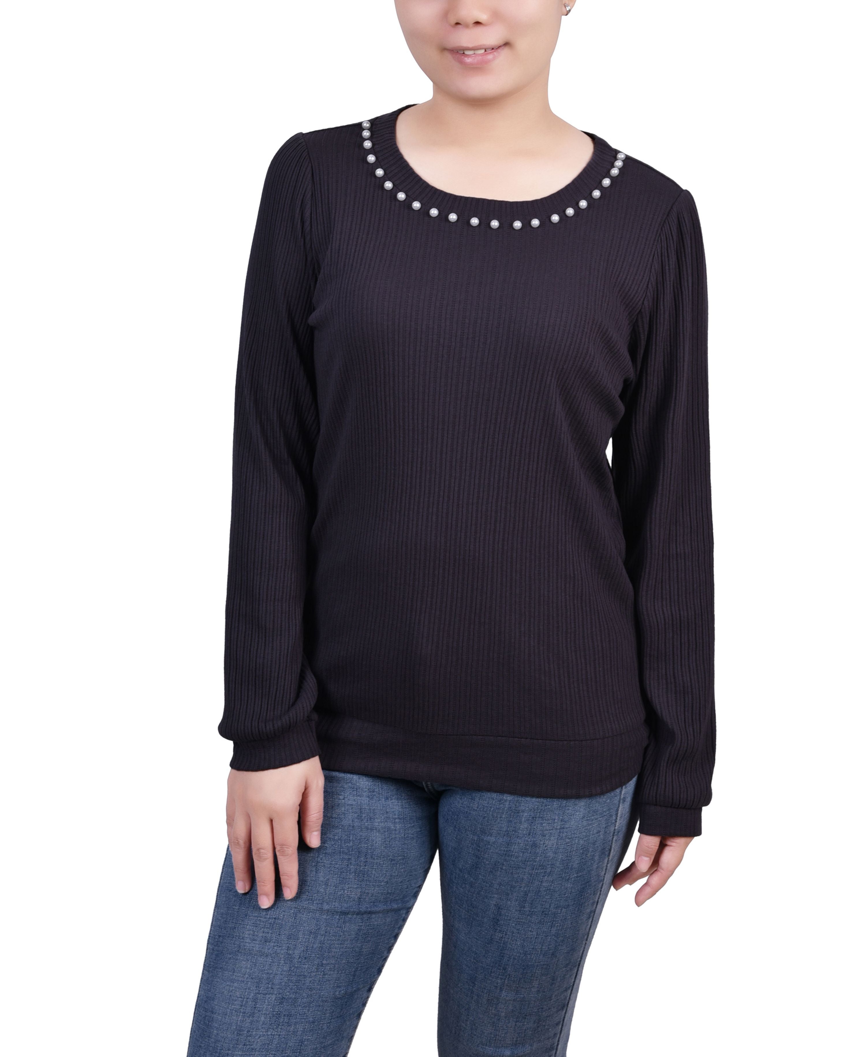 Petite Long-Sleeve Ribbed Imitation Pearl Trimmed Premium Top