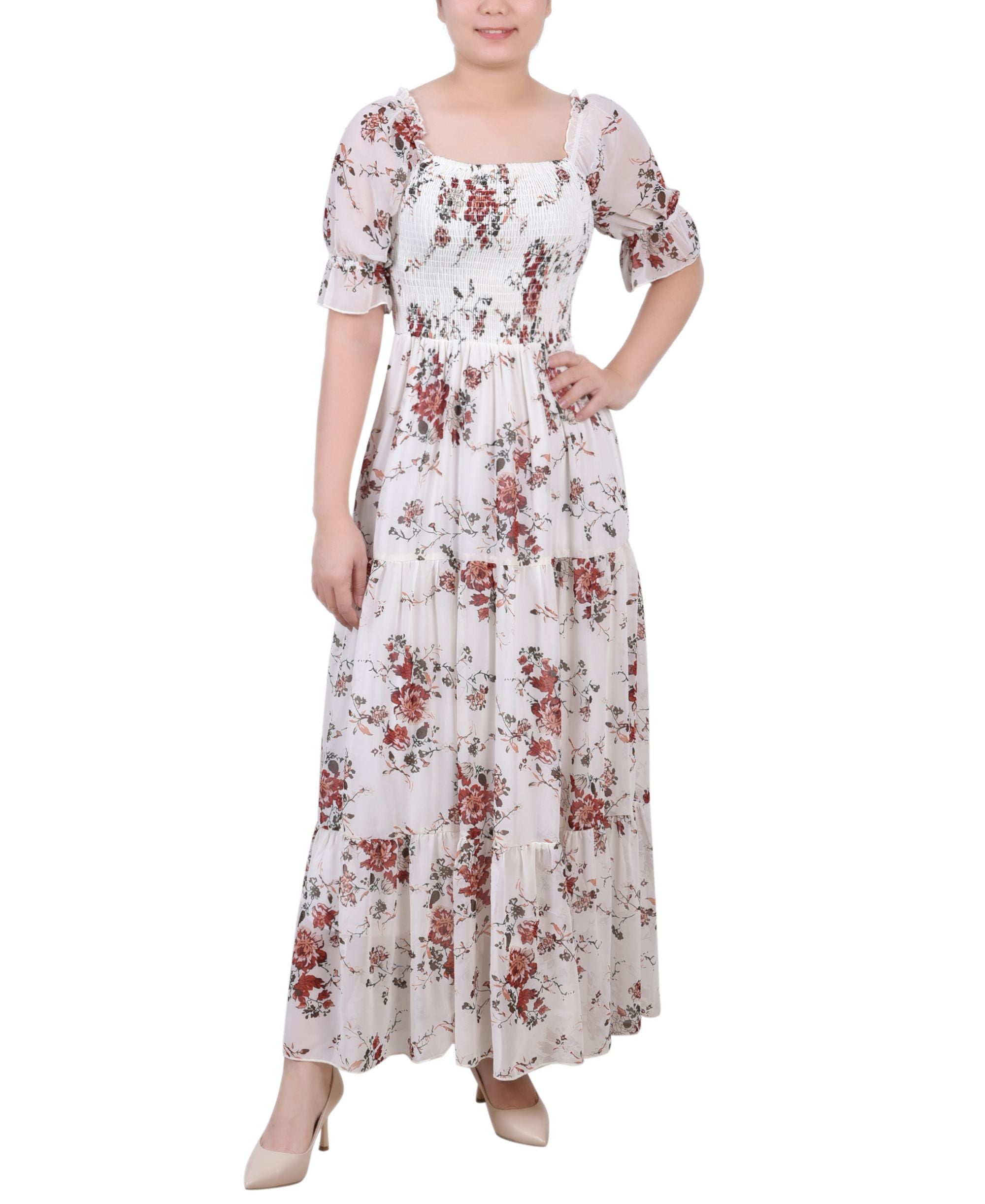 NY Collection Petite Short-Sleeve Smocked Maxi Dress