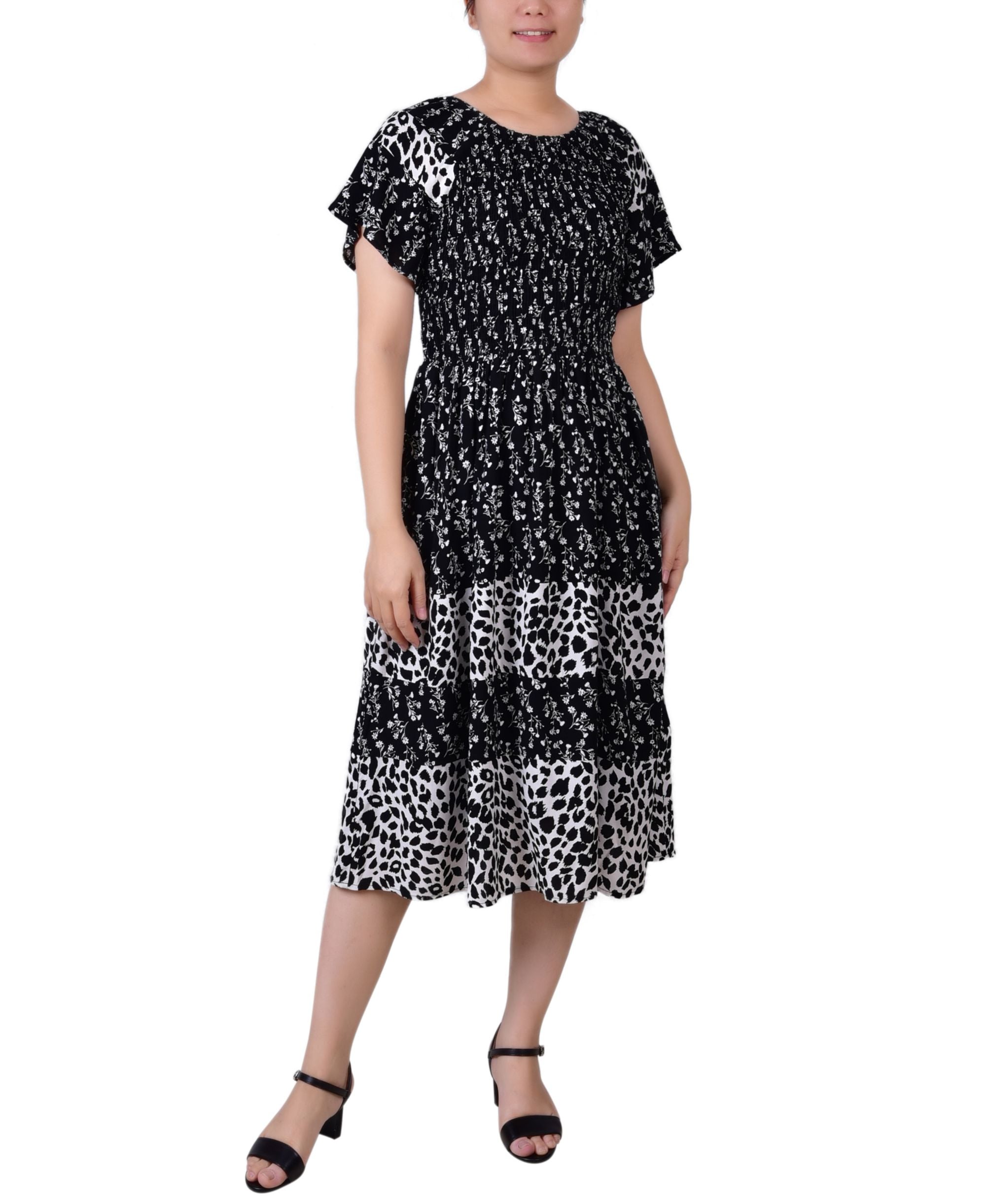 NY Collection Petite Short-Sleeve Smocked Combo Print Dress