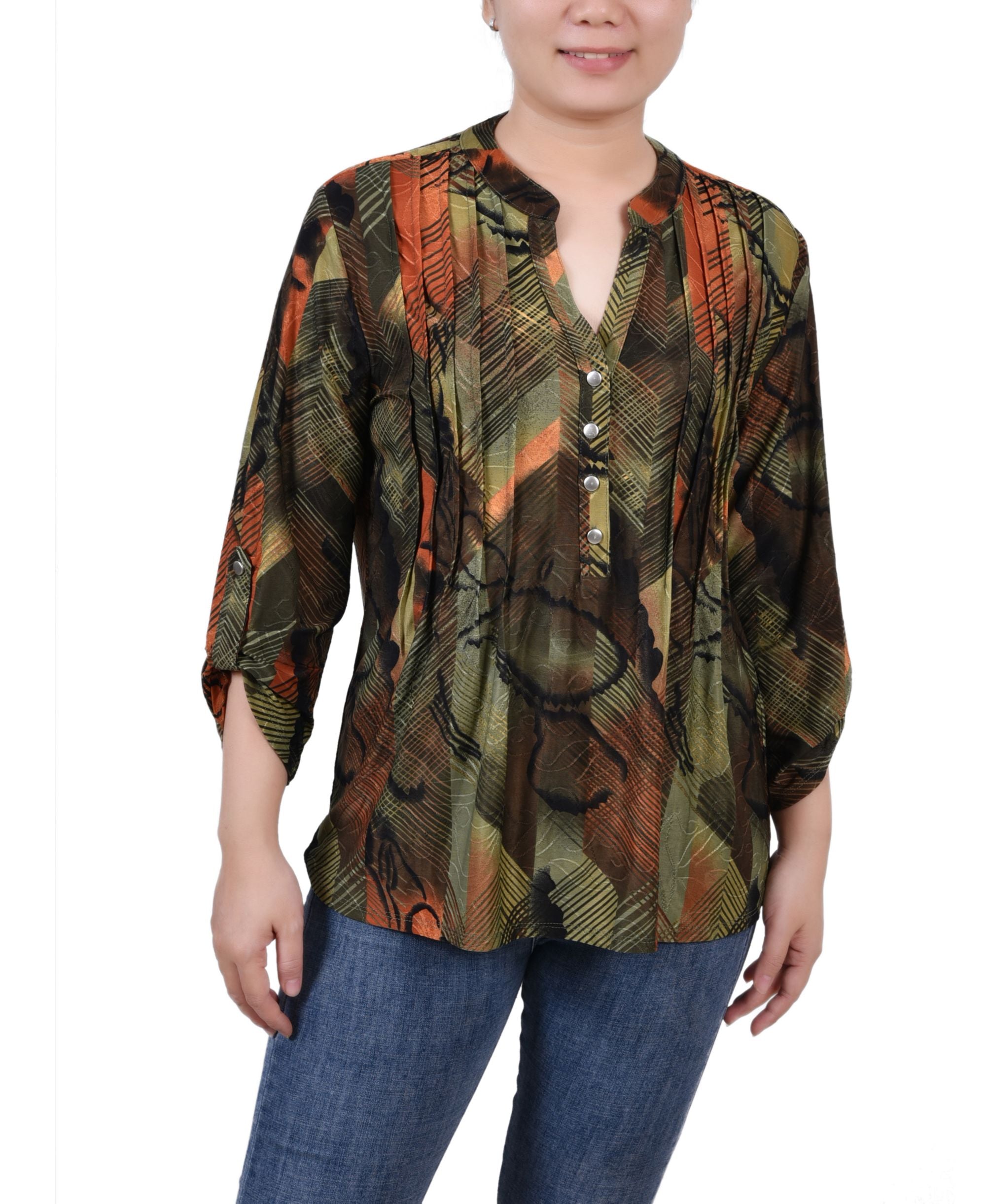 Petite 3/4 Roll Tab Sleeve Printed Pintuck Premium Top