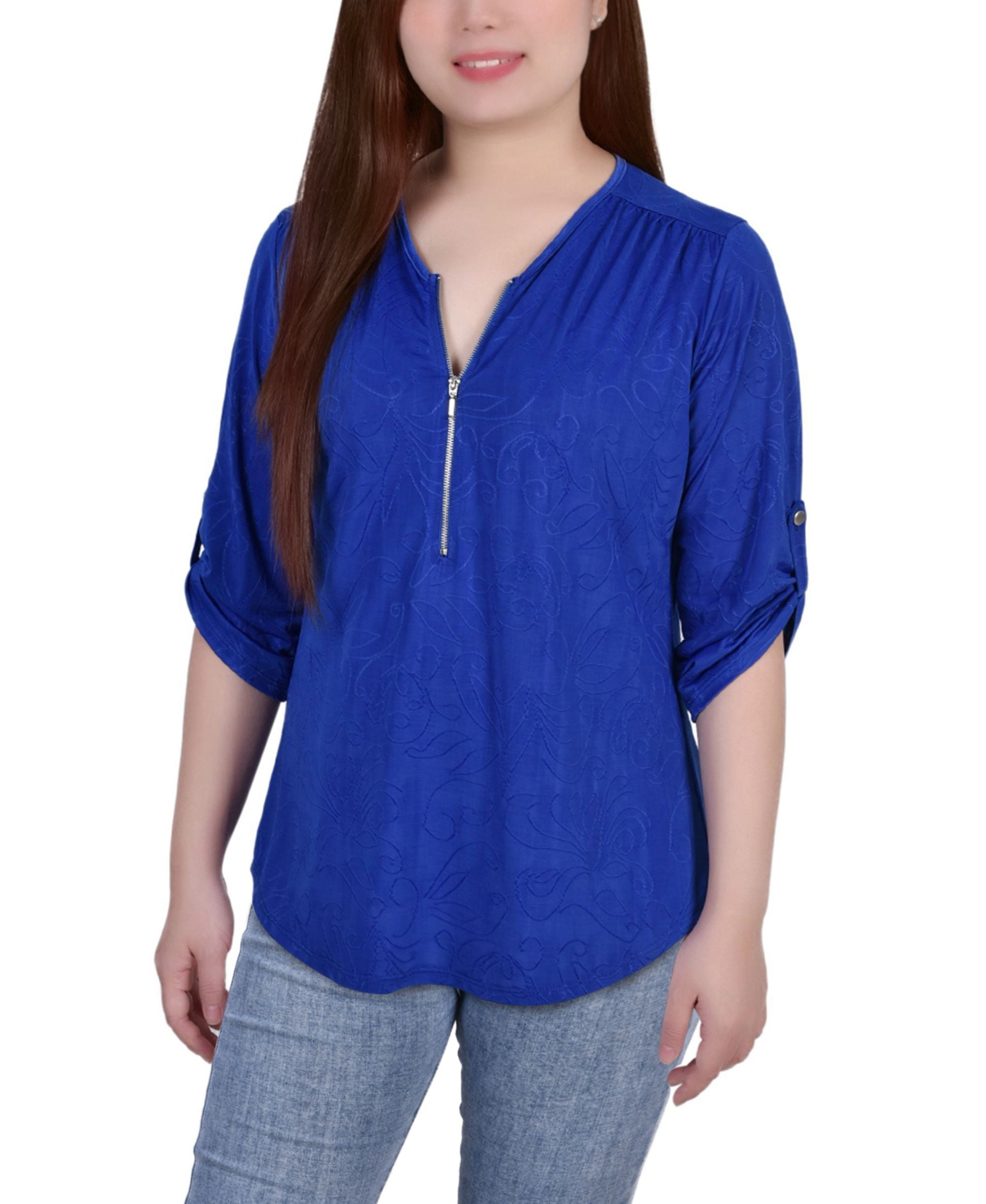 Petite 3/4 Roll Tab Zip-Front Jacquard Knit Premium Top