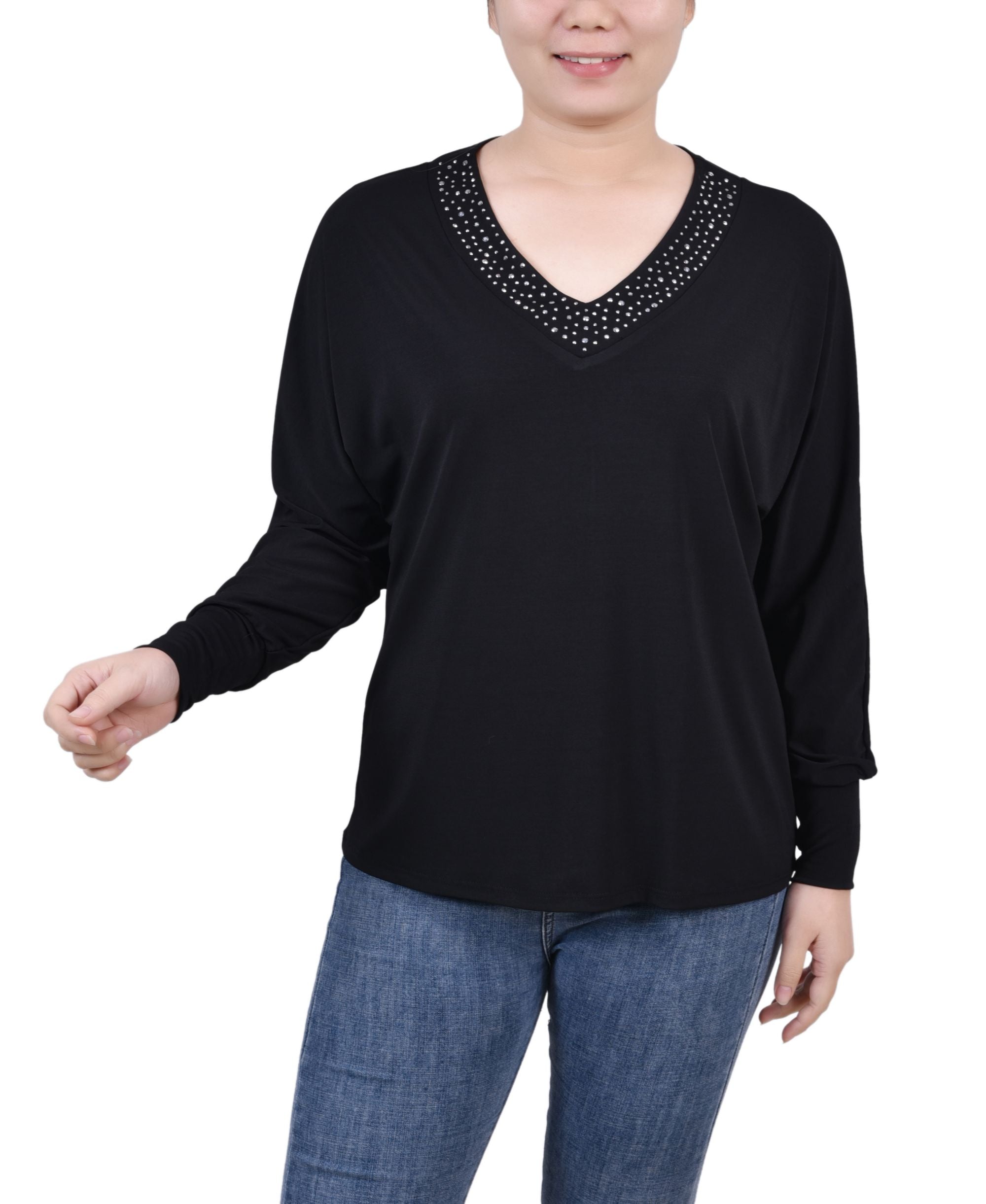 Petite Long-Sleeve Studded Premium Top