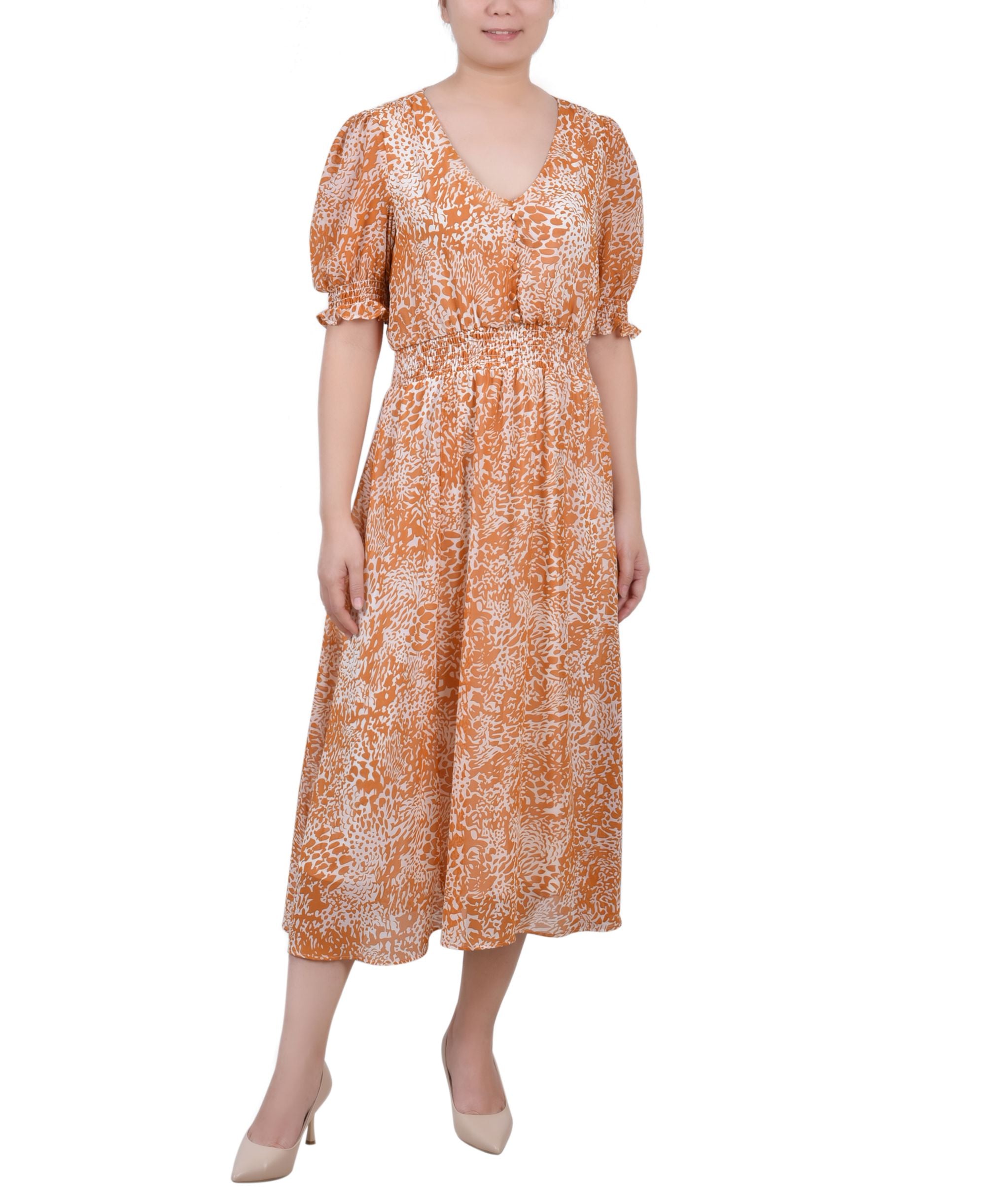 NY Collection Petite Short Puff-Sleeve Chiffon Dress