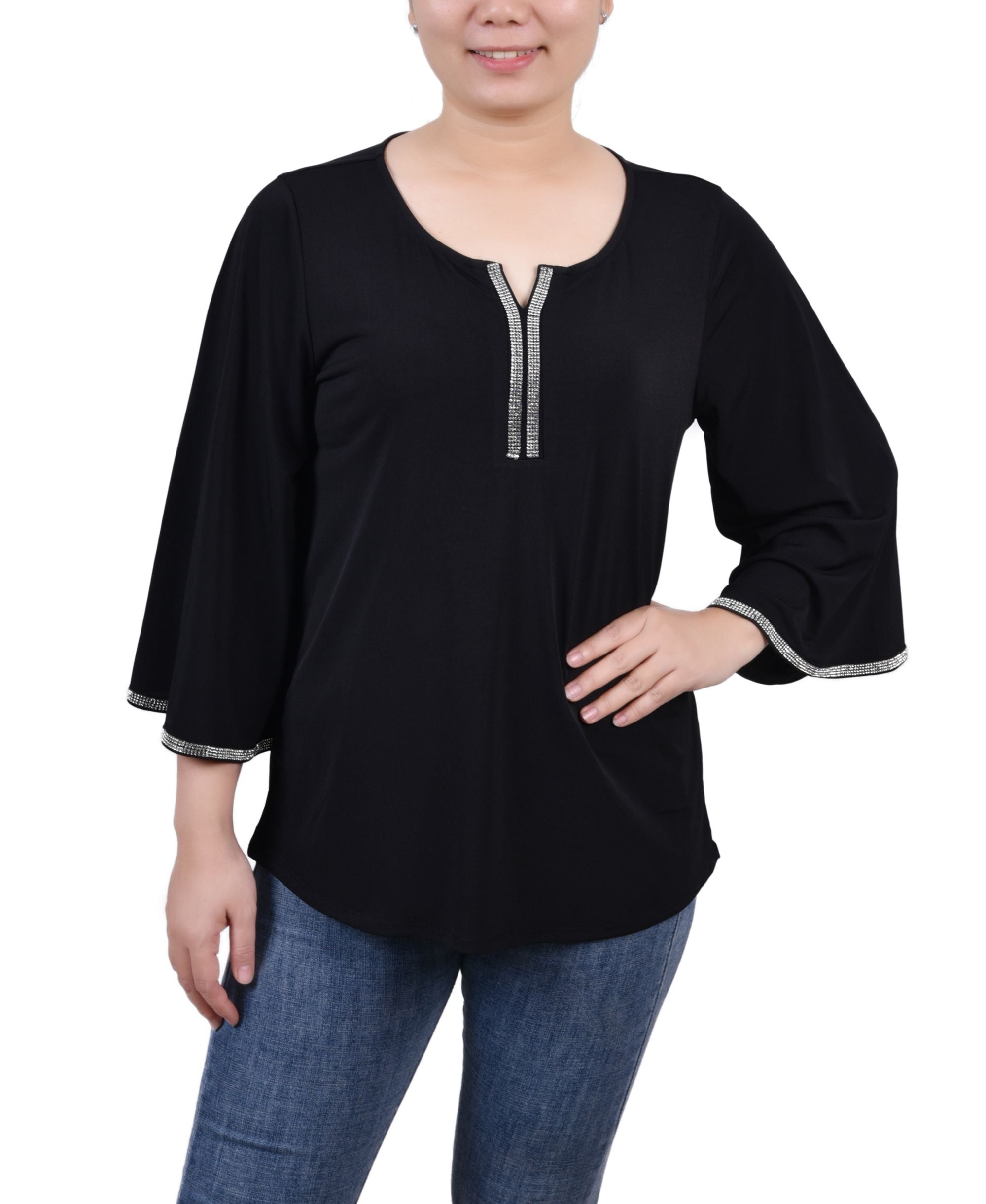 NY Collection Petite 3/4 Bell Sleeve Premium Top With Stones