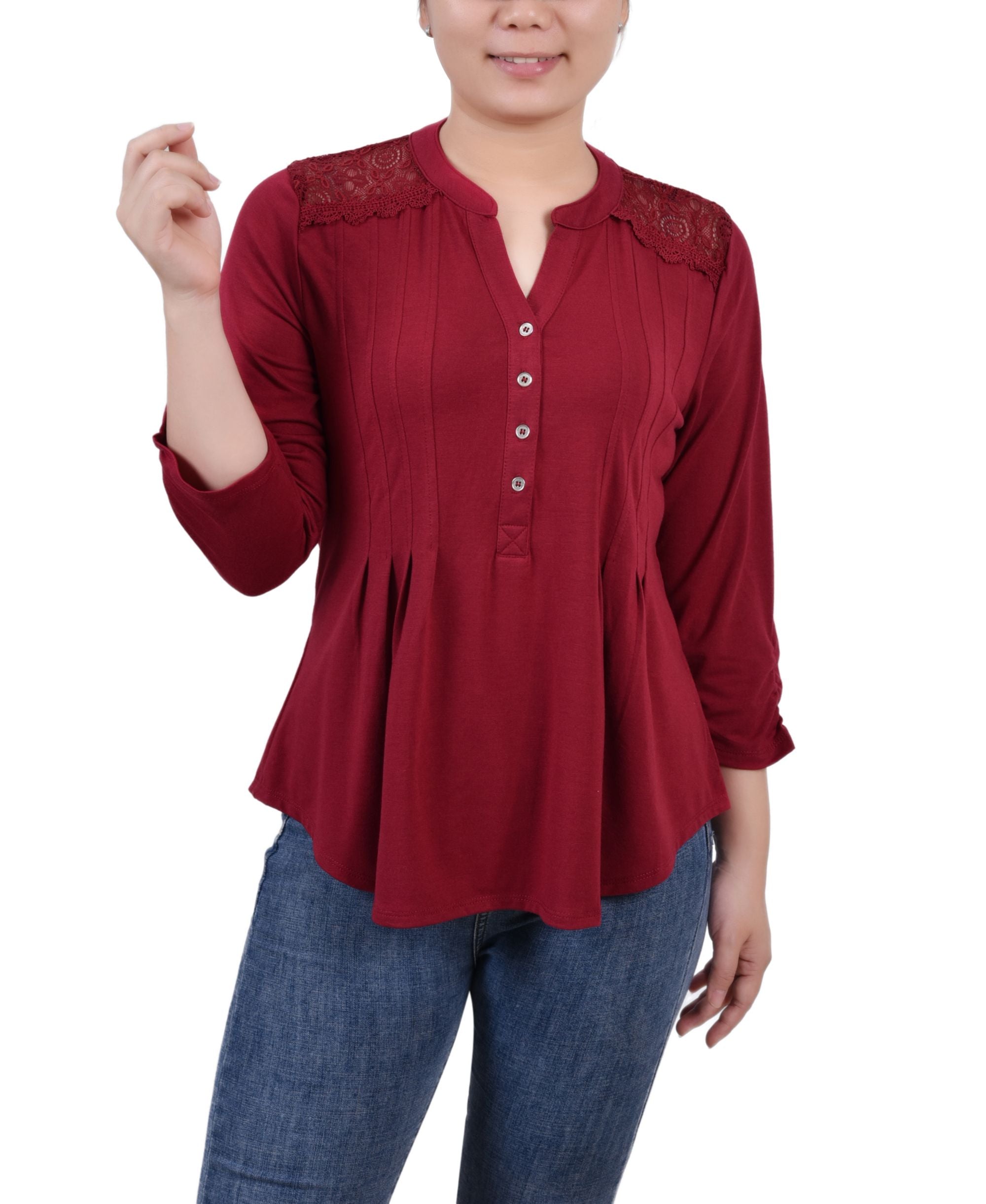 NY Collection Petite Rouched Sleeve Pintuck Premium Top