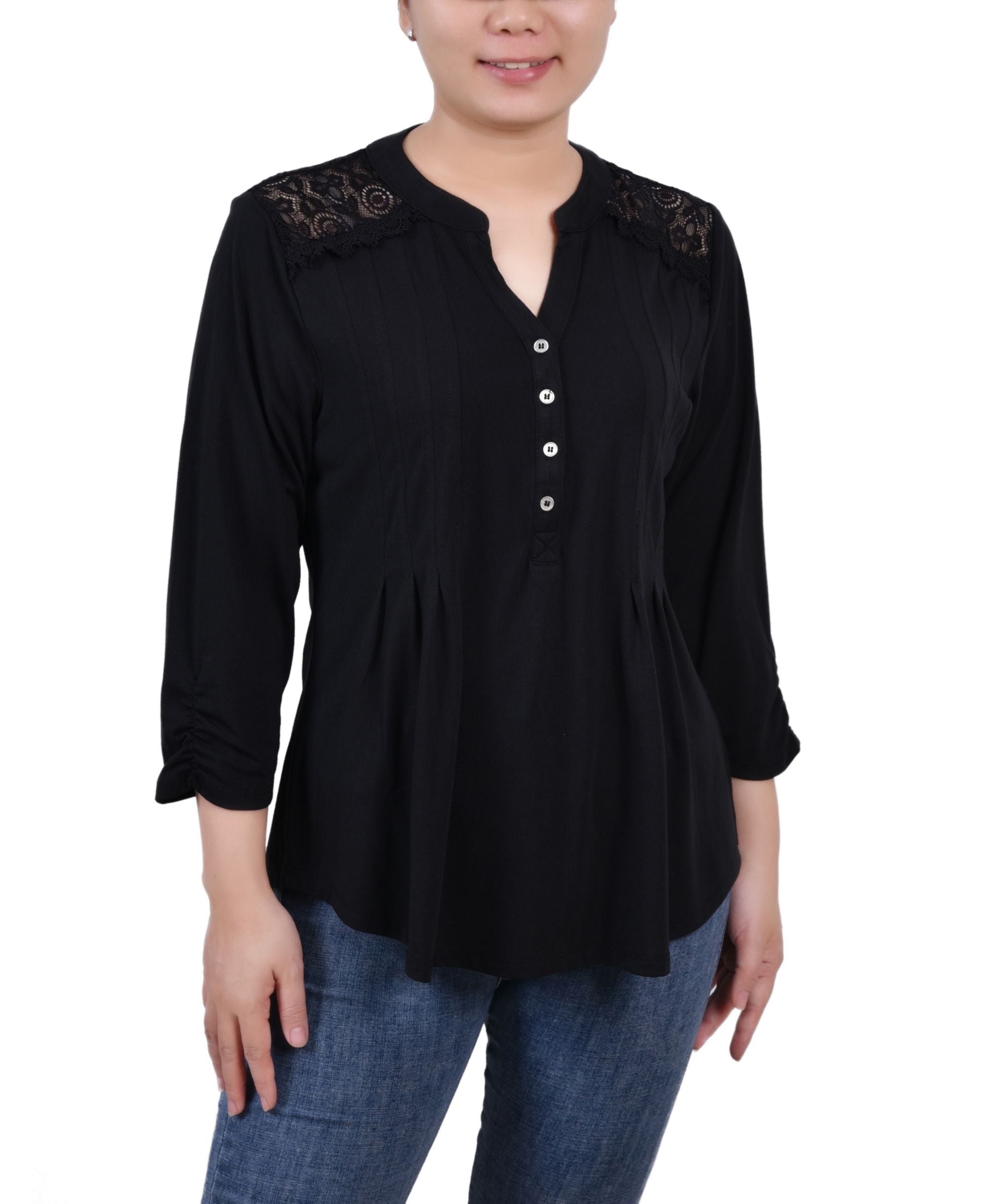 NY Collection Petite Rouched Sleeve Pintuck Premium Top