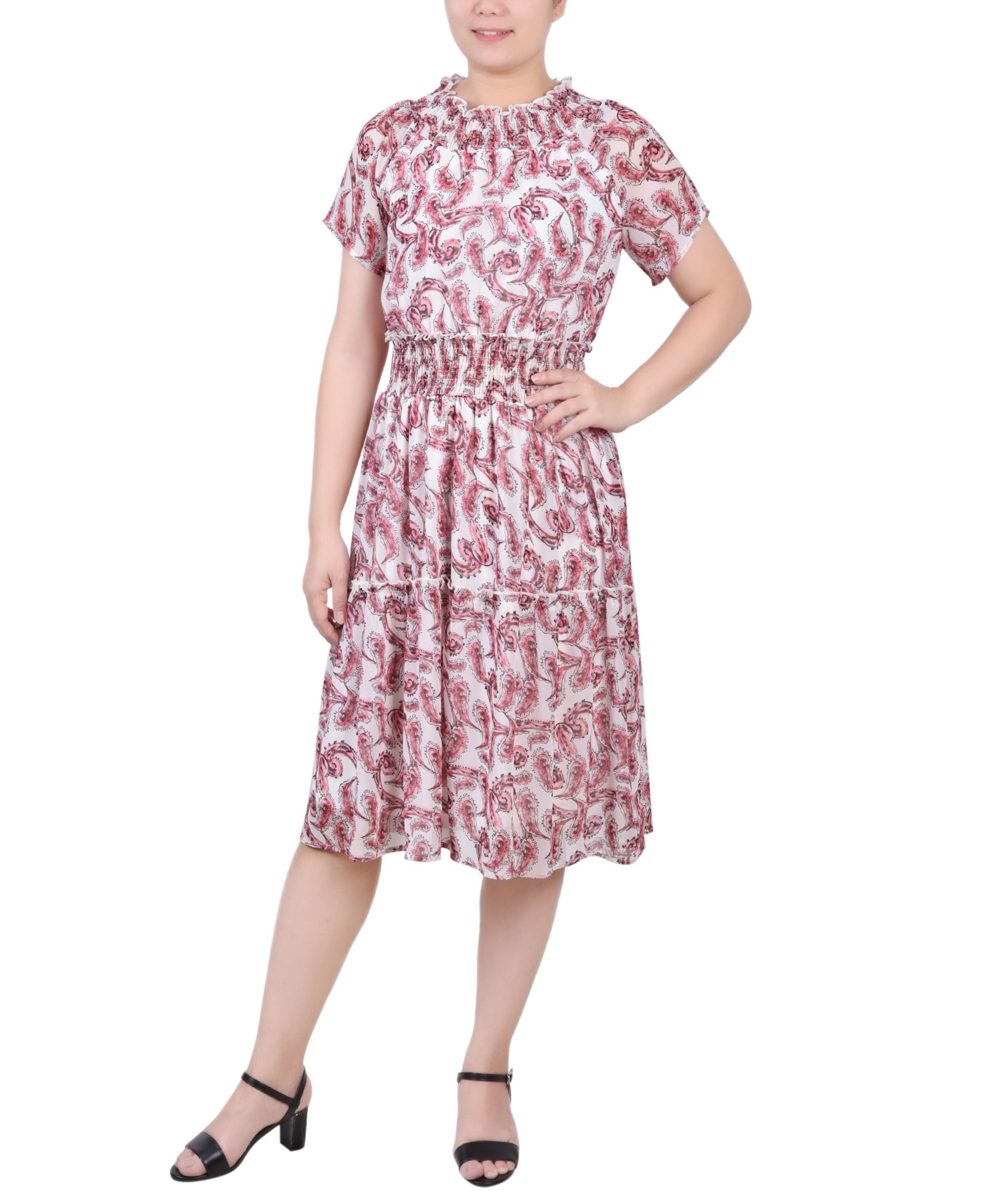 Petite Short-Sleeve Smocked Waist Dress