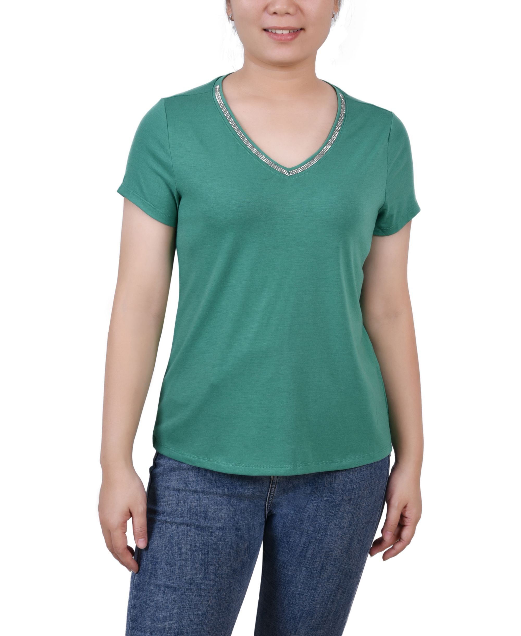 Petite Short-Sleeve T-Modern Shirt with Stone Details